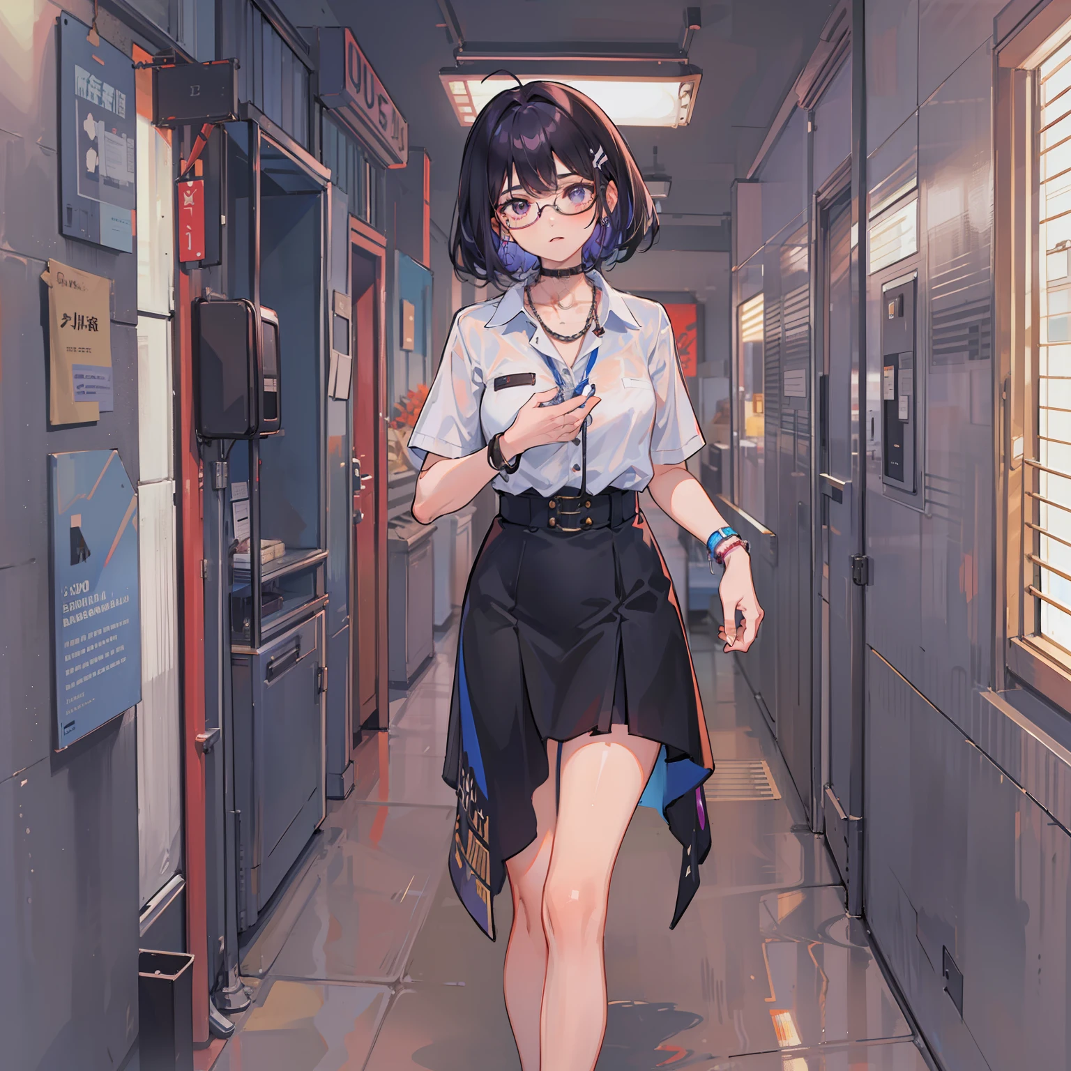 Menina, adolescente, cabelo roxo e pequeno, cabelo com franja, pulseira com pulseiras, comendo doce, Girl with glasses, vestimenta formal full body, Standing in a hallway