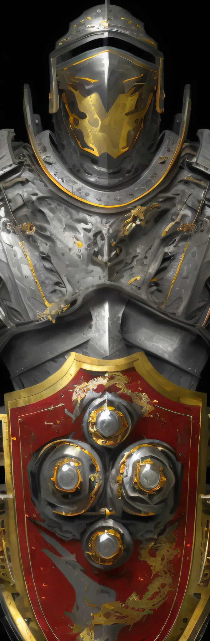 Close up of gold and silver shield on red background，Silver, gold, Heavy armor，gold and steel intricate，silver gold fractal details，High detail official artwork，minimal，Huge and delicate，gold heavy armor。Dramatic，Intricate metal armor，Barbed metal armor，angular metal armor，8K details，Heavy platinum armor。