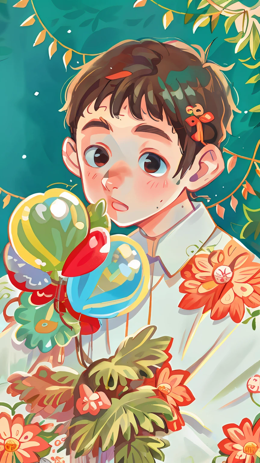 A boy, zoo, many balloons, happy, happy, perfect quality, clear focus (clutter - home: 0.8), (masterpiece: 1.2) (realistic: 1.2) (bokeh) (best quality) (detailed skin: 1.3) (intricate details) (8K) (detail eyes) (sharp focus), (happy)