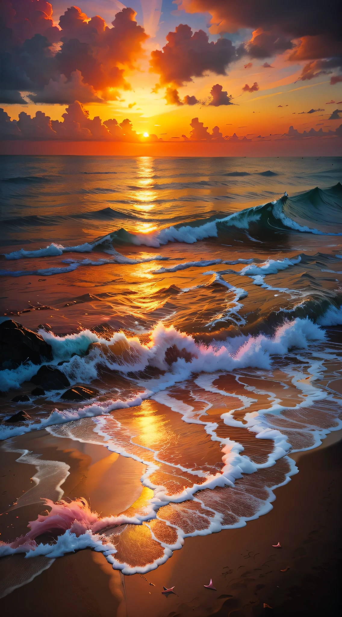 An absolutely mesmerizing sunset on the beach, with a mix of orange, pink, and yellow in the sky. The water is crystal clear, gently kisses the coast, and the white sand is endless. The scene is dynamic and breathtaking, with seagulls soaring high in the sky and palm trees swaying softly. Immerse yourself in the calm atmosphere and let the serenity surround you.