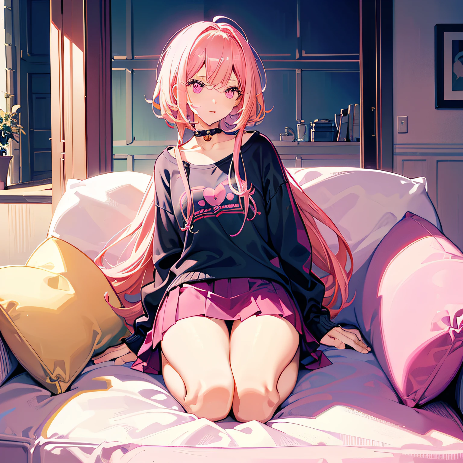 Bob Head,Superskirt,Pink theme,kneeling on the sofa,inside in room,rays of sunshine,with pink hair,a pink eyes,thick thight,sexy for,Face away from the camera,Panicked