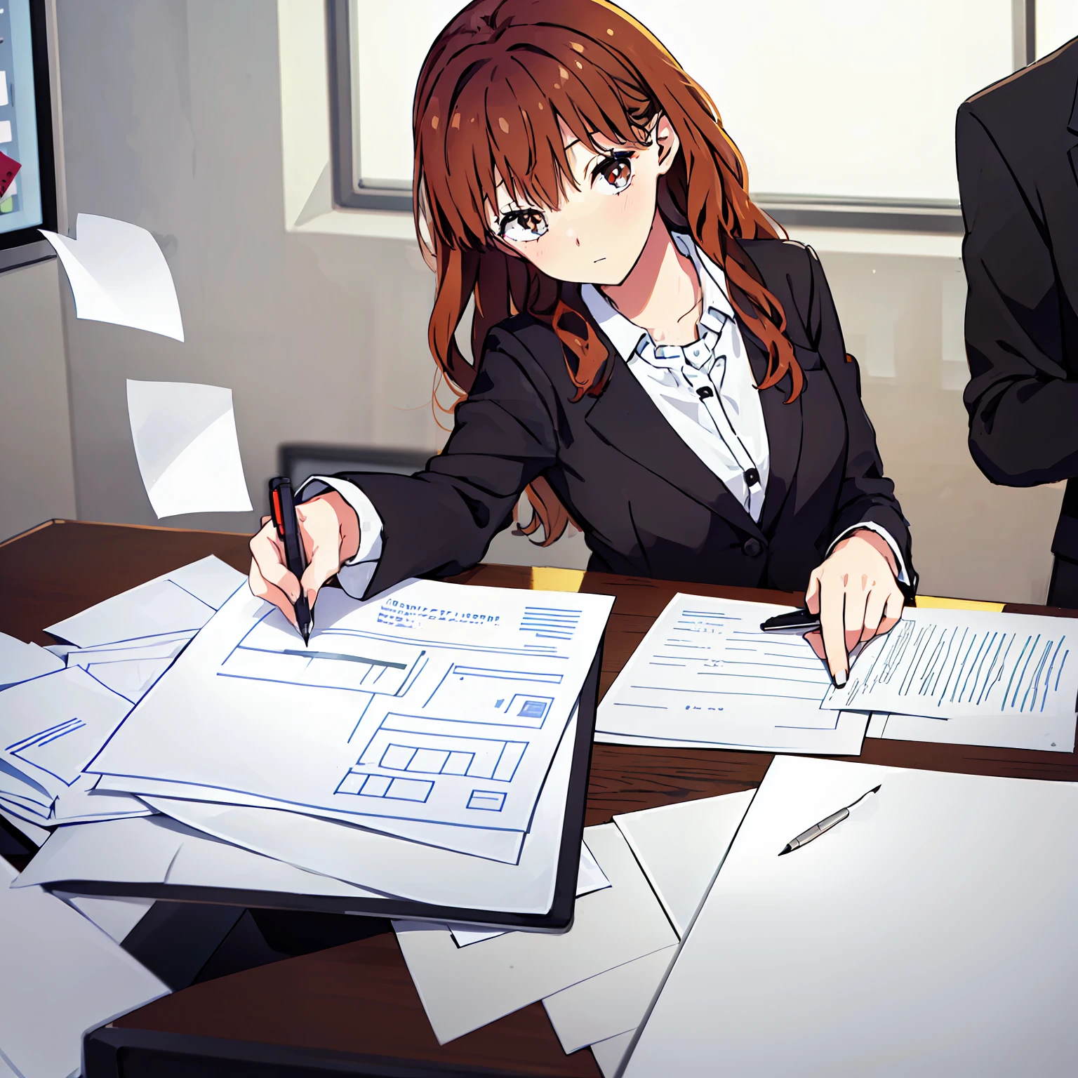 1 girl, long hair, brown hair, wavy upper-back length, brown eyes, black blazer, grey blouse, white pantyhouse, inside office, on top office desk, computer, smartphone, printers, papers, hold a pen in right hand