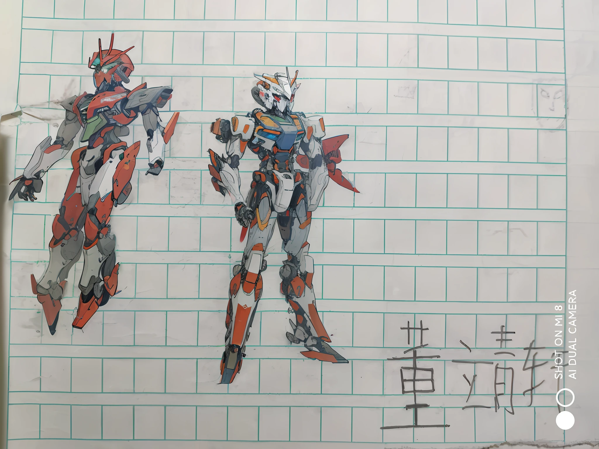 Sketches drawn by two robots in Chinese characters on a piece of paper, inspired by Ryūsei Kishida, segmented armor and sashimono, japanese mecha, anime mech armor, Mecha Inspiration, # Mecha, anime robotic mixed with organic, author：Hiroyuki Tajima, mecha asthetic, red mech arms and red mech legs