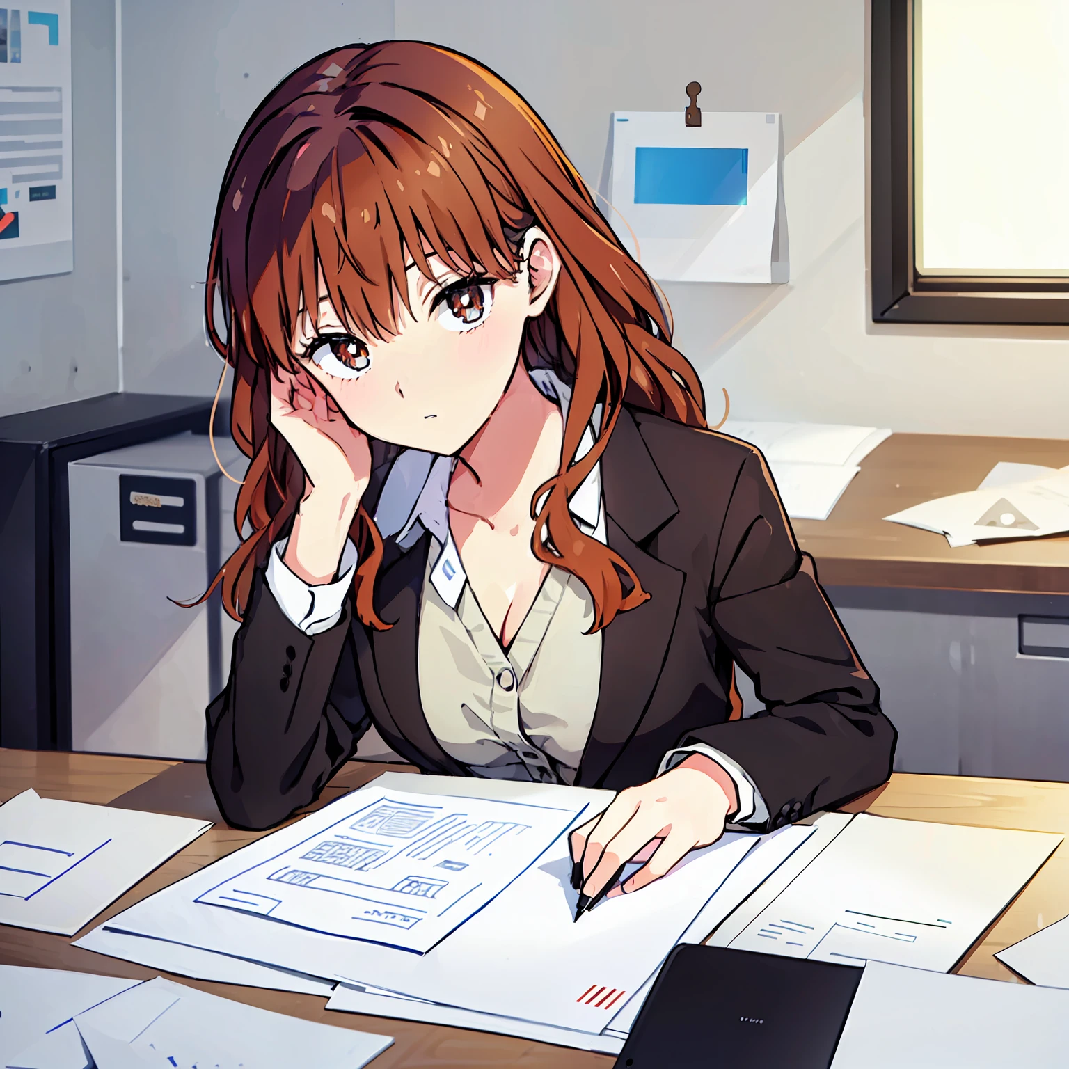 1 girl, long hair, brown hair, wavy upper-back length, brown eyes, black blazer, grey blouse, white pantyhouse, inside office, on top office desk, computer, smartphone, printers, papers, hold a pen in right hand