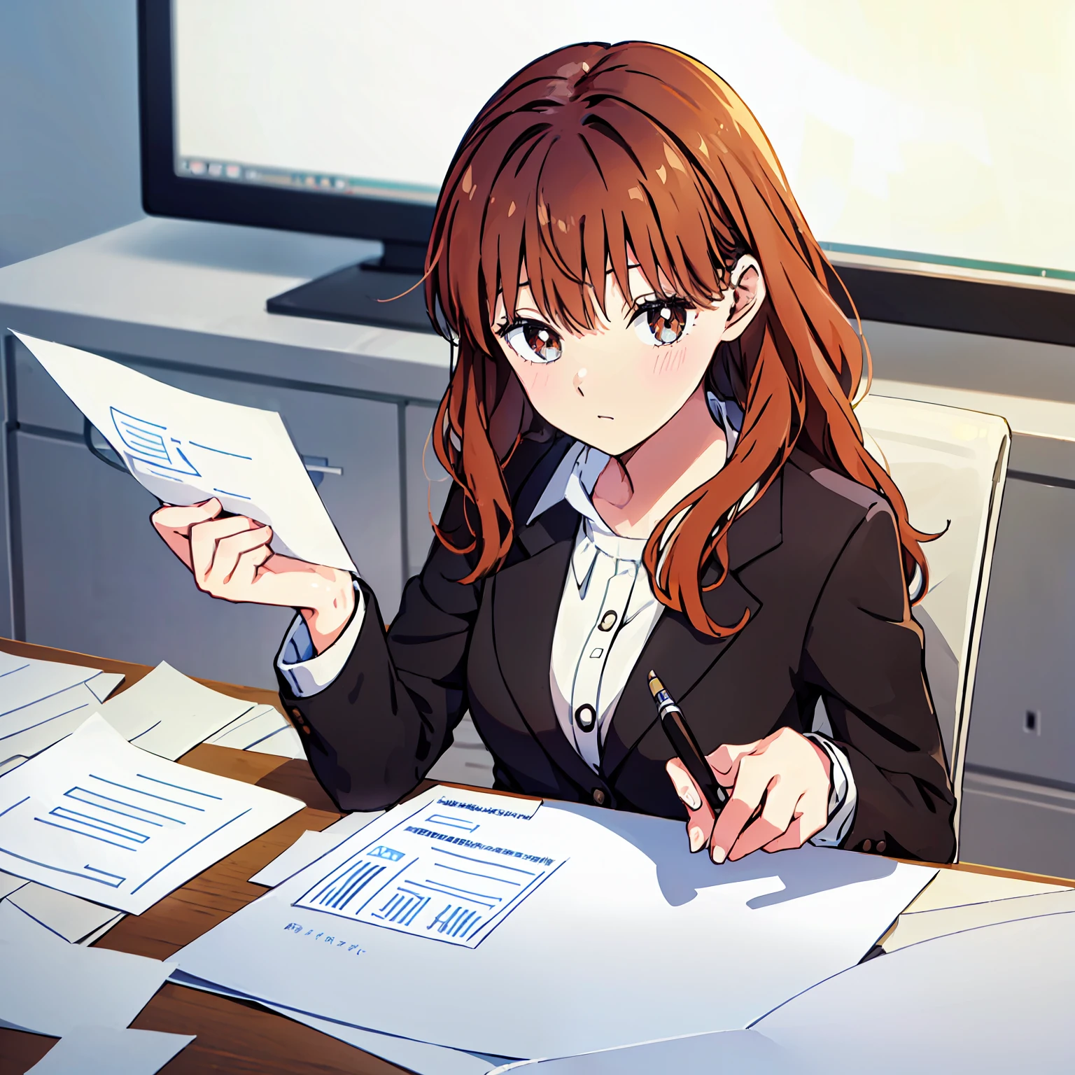 1 girl, long hair, brown hair, wavy upper-back length, brown eyes, black blazer, grey blouse, white pantyhouse, inside office, on top office desk, computer, smartphone, printers, papers, hold a pen in right hand