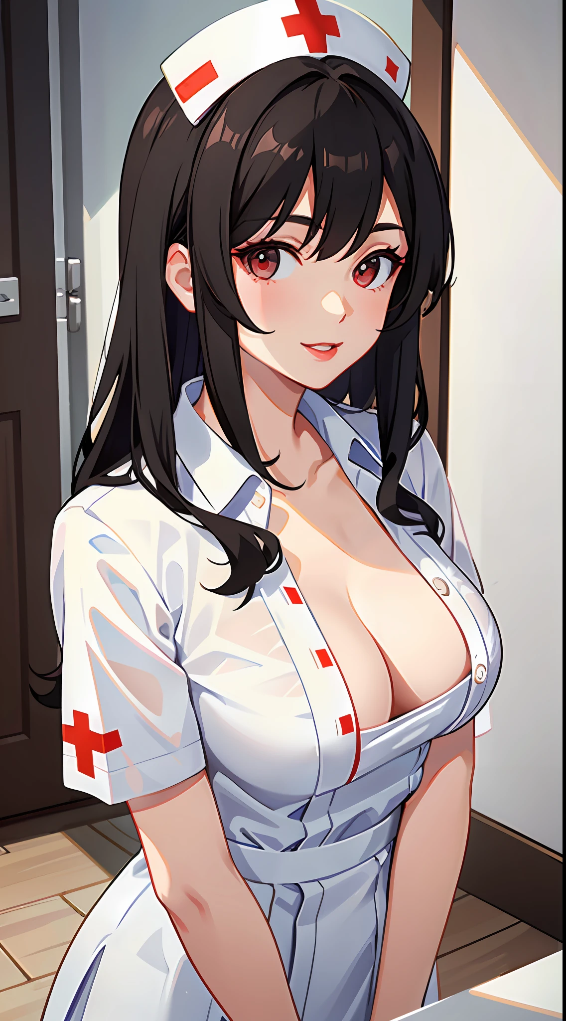 one-girl,nurses,Nurse's uniform,Professional Dress,white uniform,is shy,Top-down view,cleavage,little breast,Front view,brunette color hair,long whitr hair,Red lips,ssmile,Close-up,HighestQuali,Artistically,4K