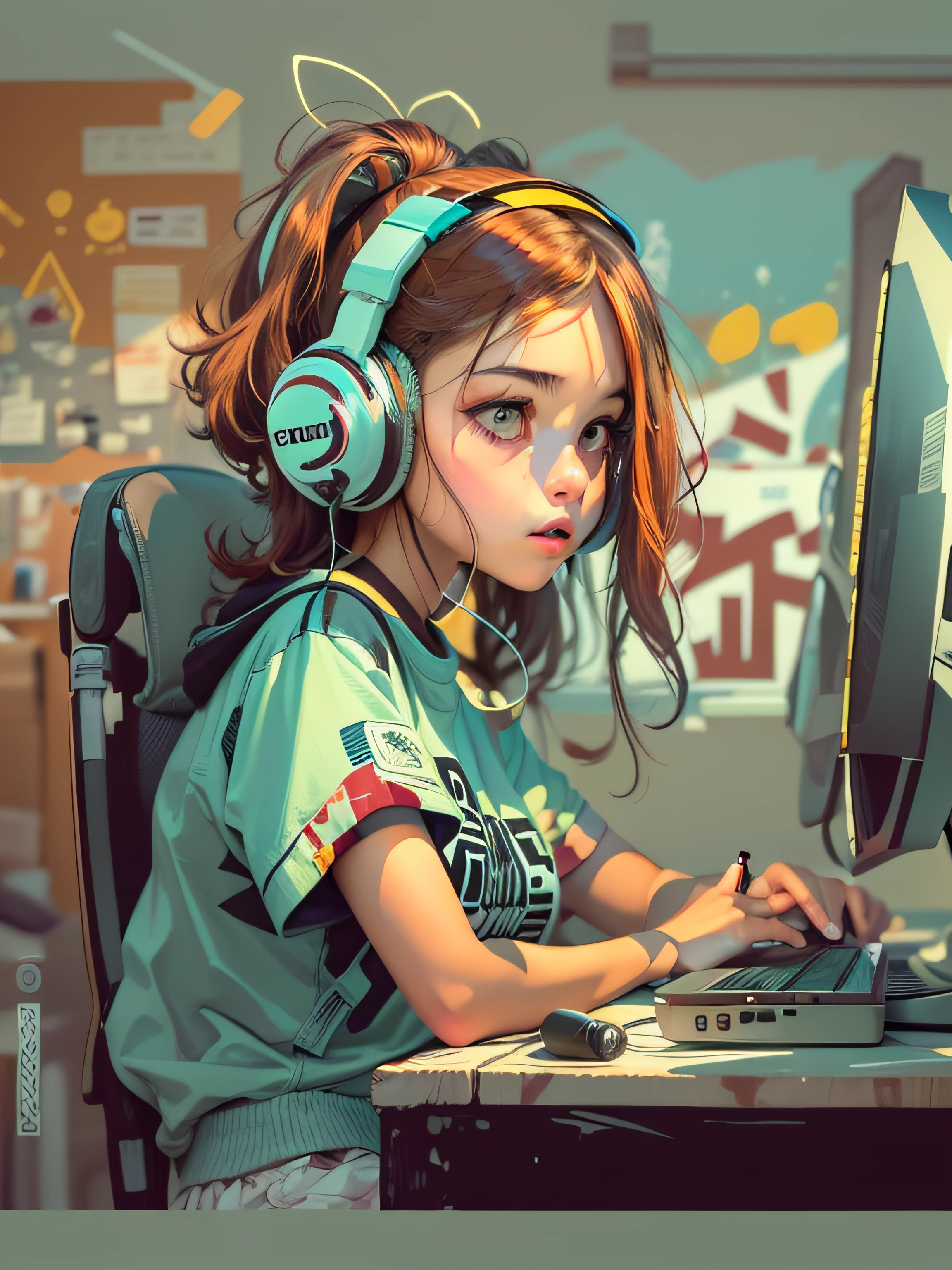 Vector, Print-ready colorful graffiti, illustartion: Girl sitting at the computer, action shot, high detail, whitebackground