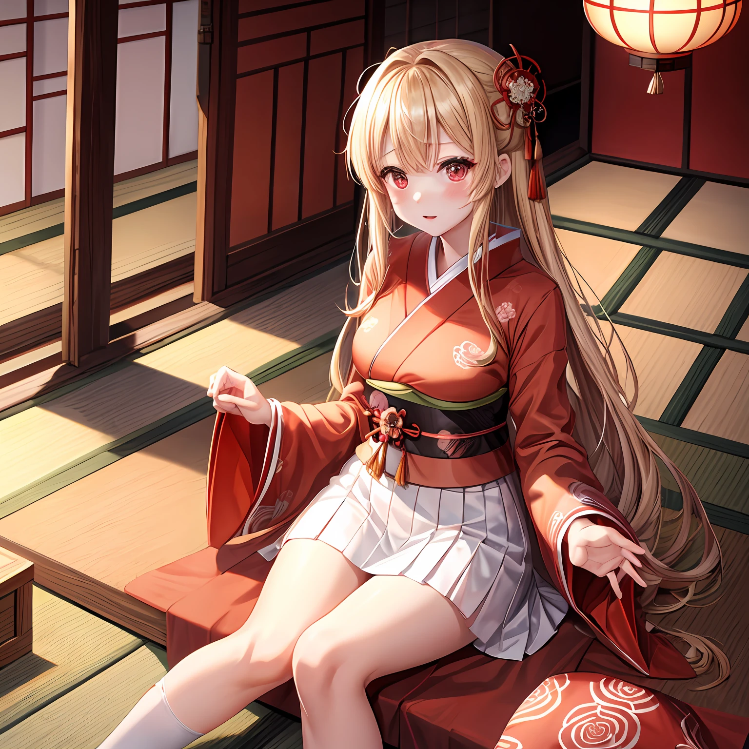 a blond、red eyes、One girl、kawaii、animesque、Kimono、a miniskirt、red blush、traditional Japanese room、花魁