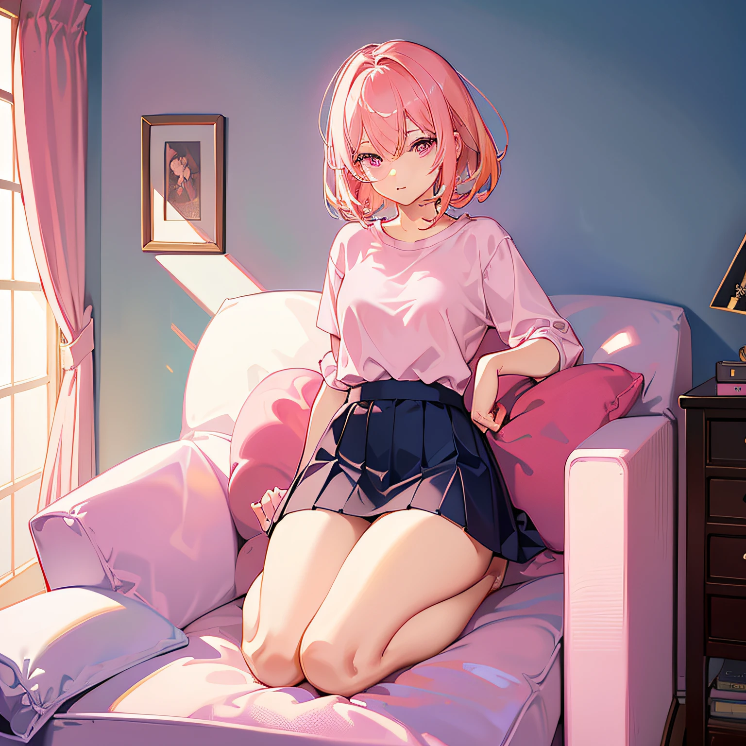 Bob Head，Superskirt，Pink theme，kneeling on the sofa，inside in room，rays of sunshine，with pink hair，a pink eyes，thick thight，sexy for，Face away from the camera，Panicked