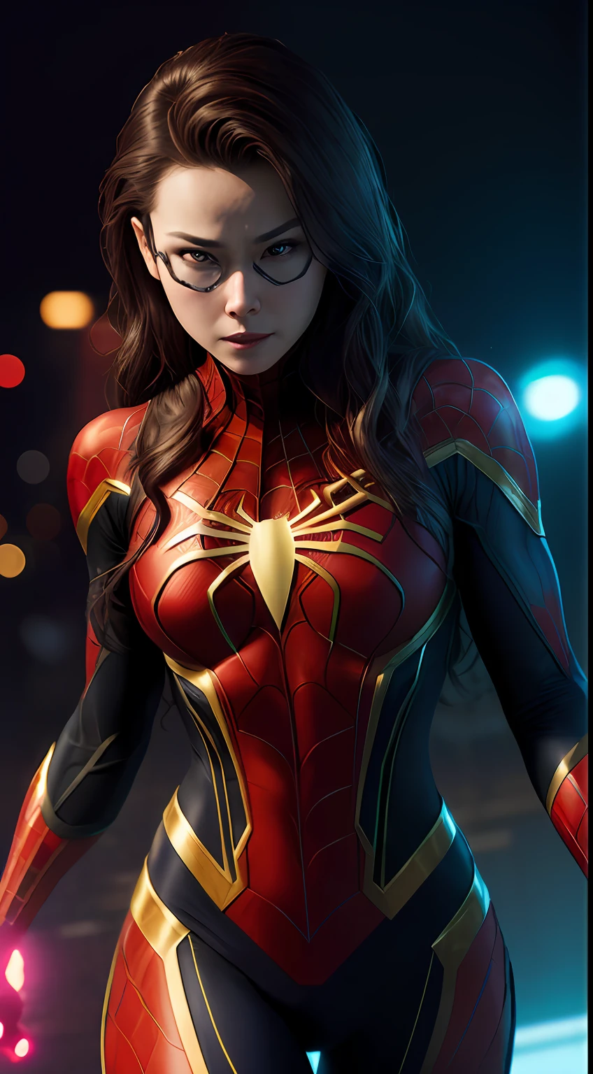 Spider-Woman из Marvel Comics, Perfect_Hand, (8K, RAW photo, Best Quality, Masterpiece:1.2), (Realistic, photo-realistic:1.4), (Extremely detailed CG unity 8k wallpapers),full - body, (neon lights), McHop, mechanical arms, Hanfu, Chinese Clothing, Dress, pretty face,(Dark shot:1.1), Epic Realistic,