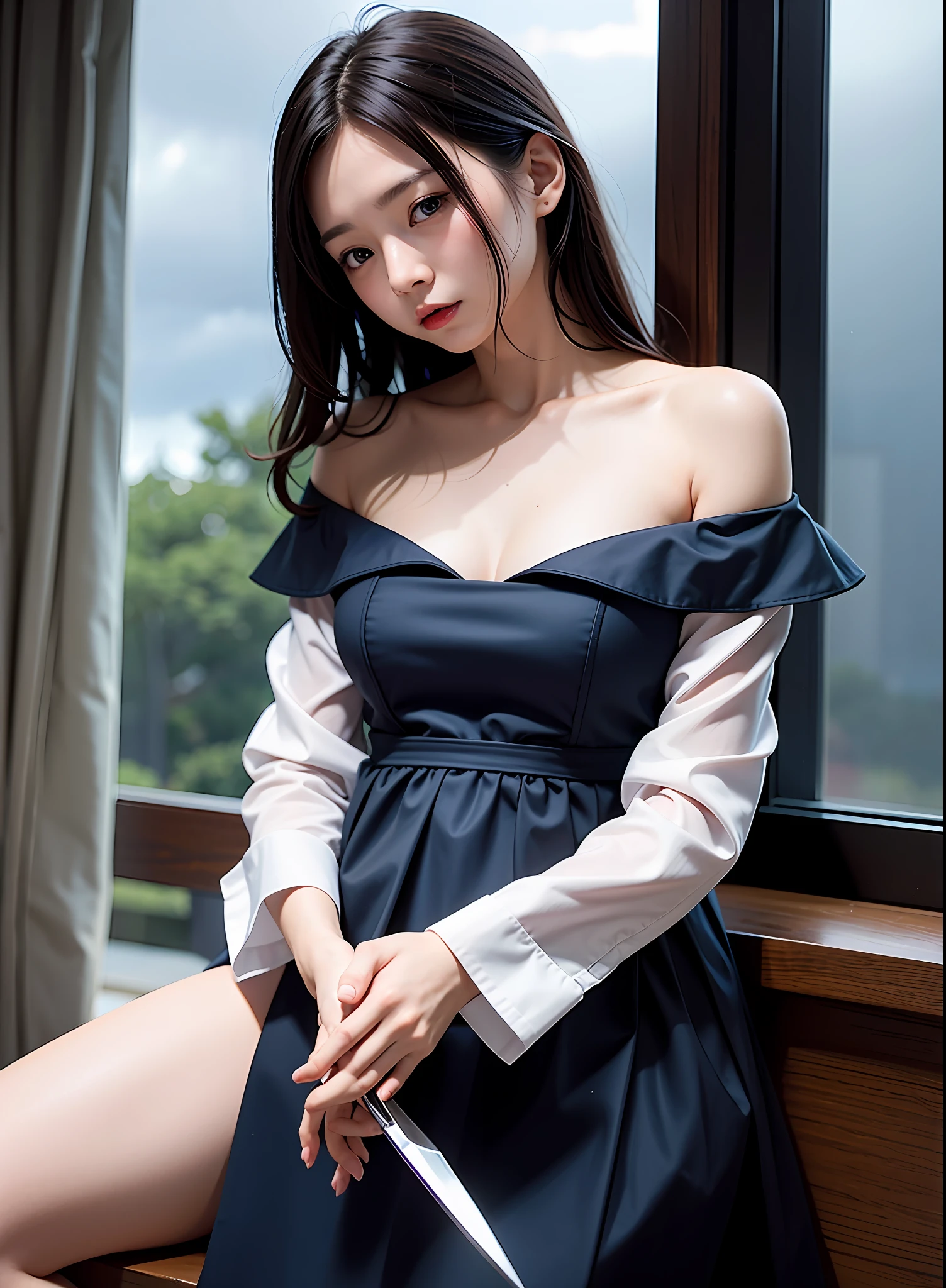 8K、Top image quality、masterpiece、25-years old、(1 adult female)、Off-the-shoulder dresses、by the window、Storm outside、thunder、Forms of anger、Holding a knife、The dim