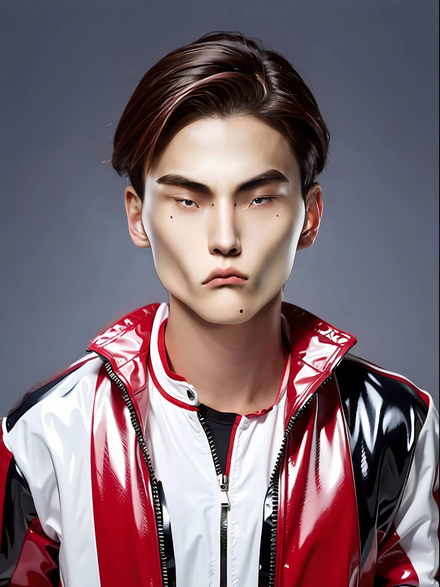 A -yeld mahigh school student,Wearing a PVC red racing suit,There are zippers,red tinted hair