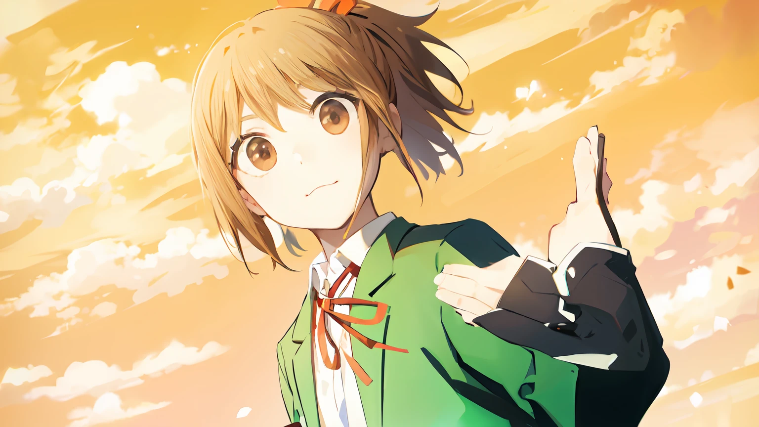 shoulder-length brown hair tied in a small ponytail at the back,、Brown eyes、Green blazer、Shirt、Red ribbons、a small face、Left hand asking for a handshake。
