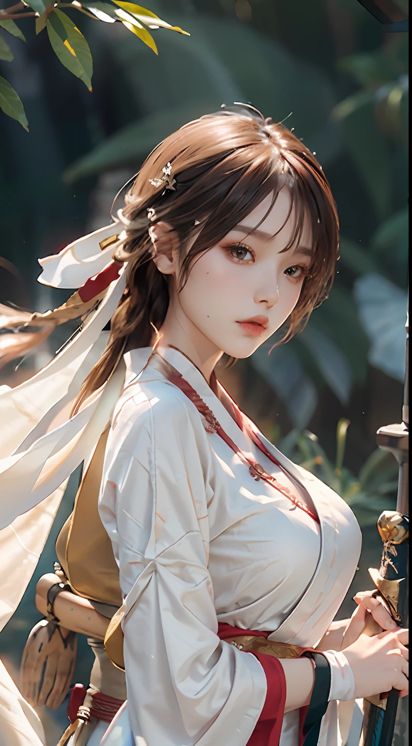 Close-up of a woman in a white dress holding a sword, portrait of Yang J, popularity of cgsociety, blindfolded with a black ribbon, fantasy art, beautiful figure painting, best quality, masterpiece, super high resolution, (realism: 1.4), original photo, portrait, (half: 1.4), ultra-wide angle, Guvez style artwork, Guwiz, white Hanfu, flowing white robe, full body martial arts, epic exquisite character art, stunning character art, beautiful woman