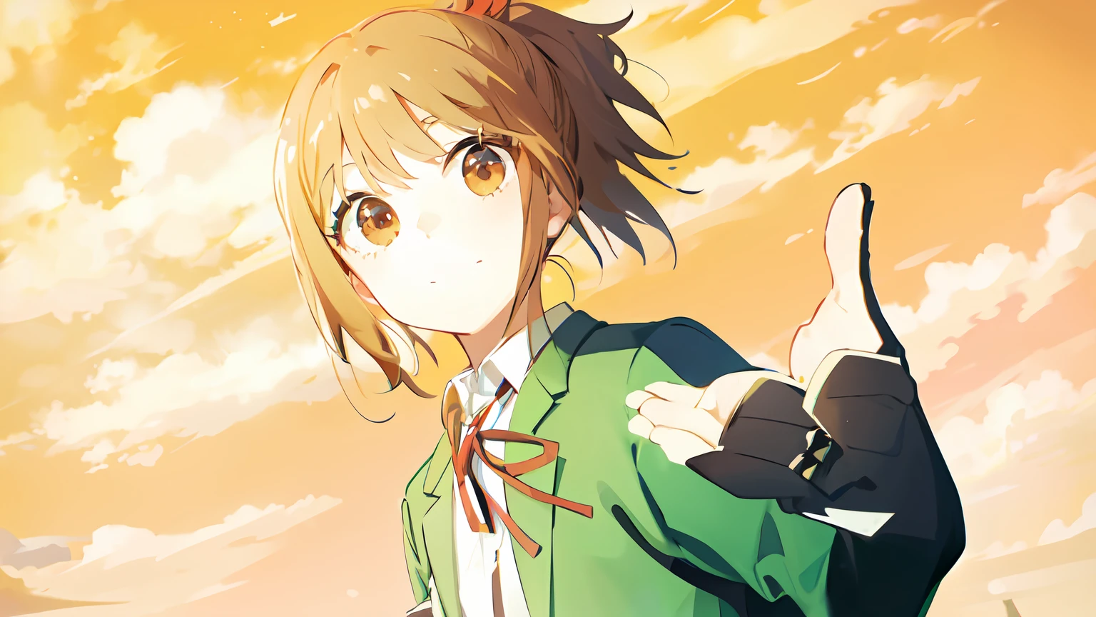 shoulder-length brown hair tied in a small ponytail at the back,、Brown eyes、Green blazer、Shirt、Red ribbons、a small face、Left hand asking for a handshake。