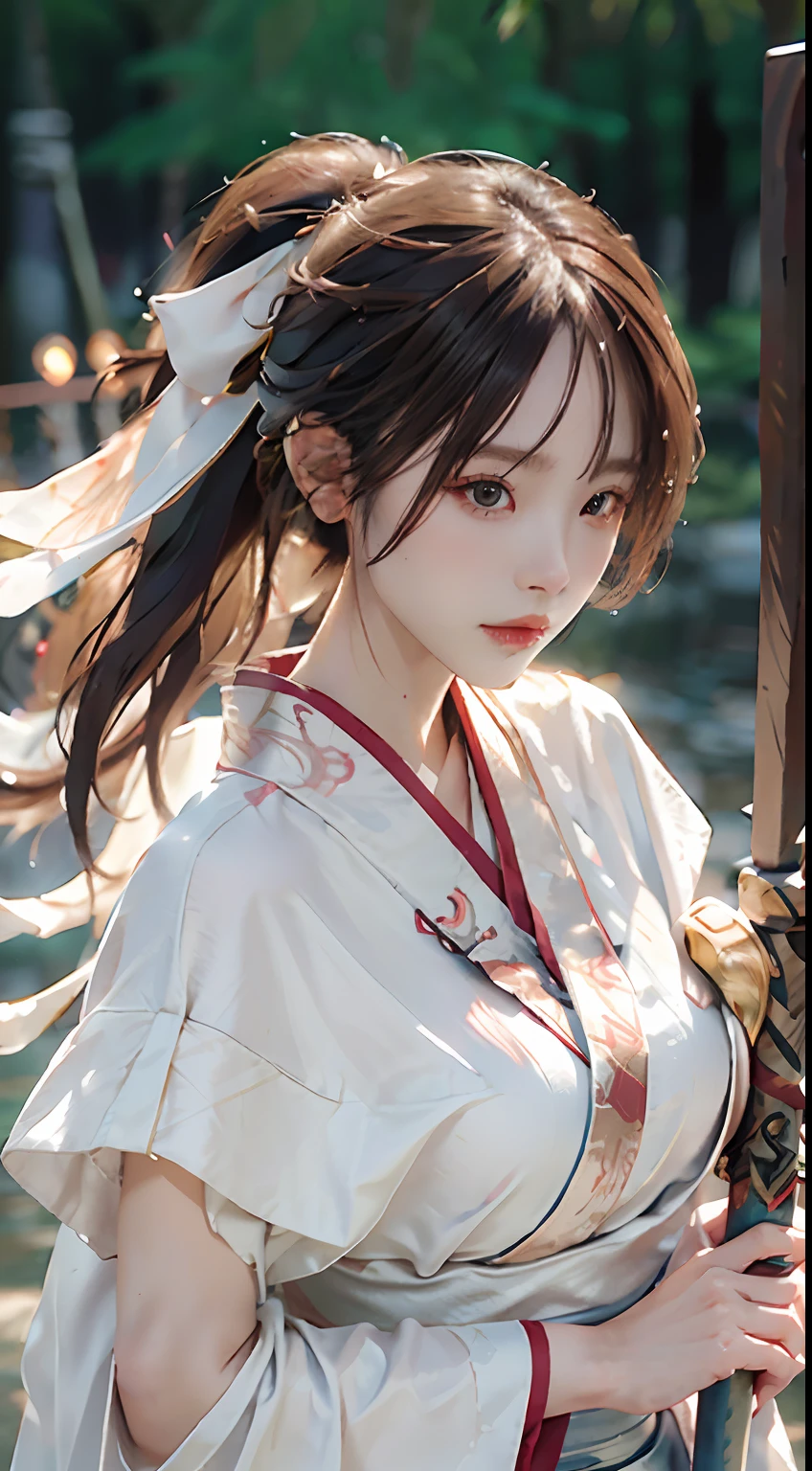 Close-up of a woman in a white dress holding a sword, portrait of Yang J, popularity of cgsociety, blindfolded with a black ribbon, fantasy art, beautiful figure painting, best quality, masterpiece, super high resolution, (realism: 1.4), original photo, portrait, (half: 1.4), ultra-wide angle, Guvez style artwork, Guwiz, white Hanfu, flowing white robe, full body martial arts, epic exquisite character art, stunning character art, beautiful woman