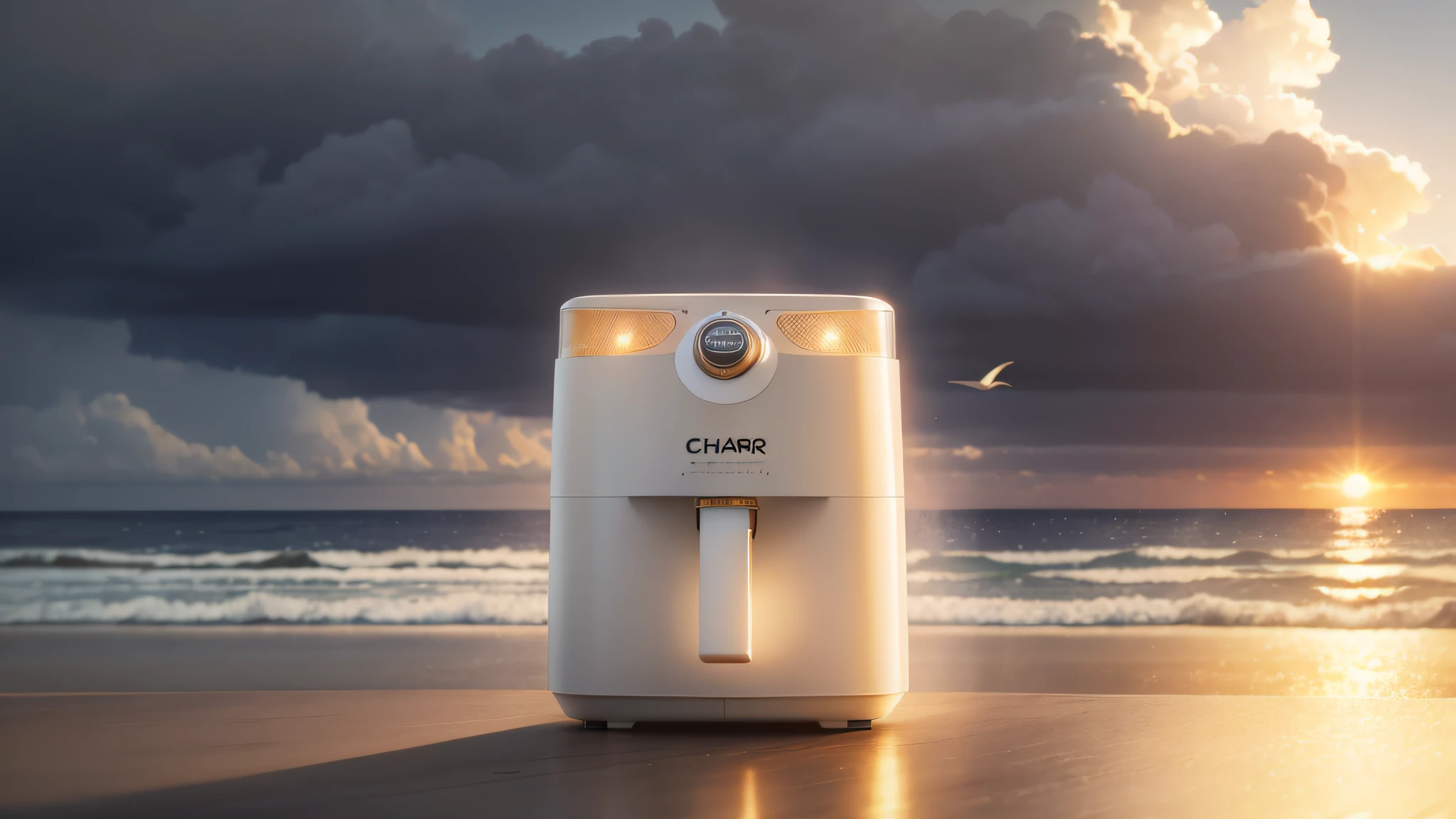 An air fryer placed on the table，the sea，Seagulls in the sky，Dusk，Evening clouds，The golden sun rises in the distance， Sea waves，seagulls，Modern tall house in the distance ， Chiaroscuro, hyper HD, 8K, Best picture quality ,realisticlying，Foto realism，cupboard，Lens perspective blur，Bright lights，Realistic lighting