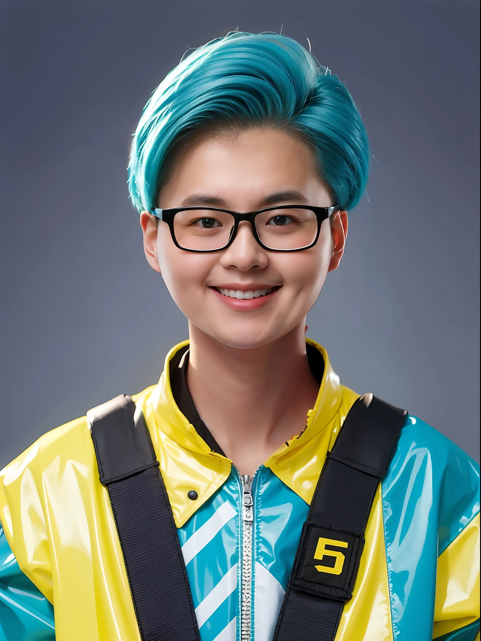 A -yeld mahigh school student,Wearing PVC yellow traffic jam clothing,Cyan hair is divided into hair styles