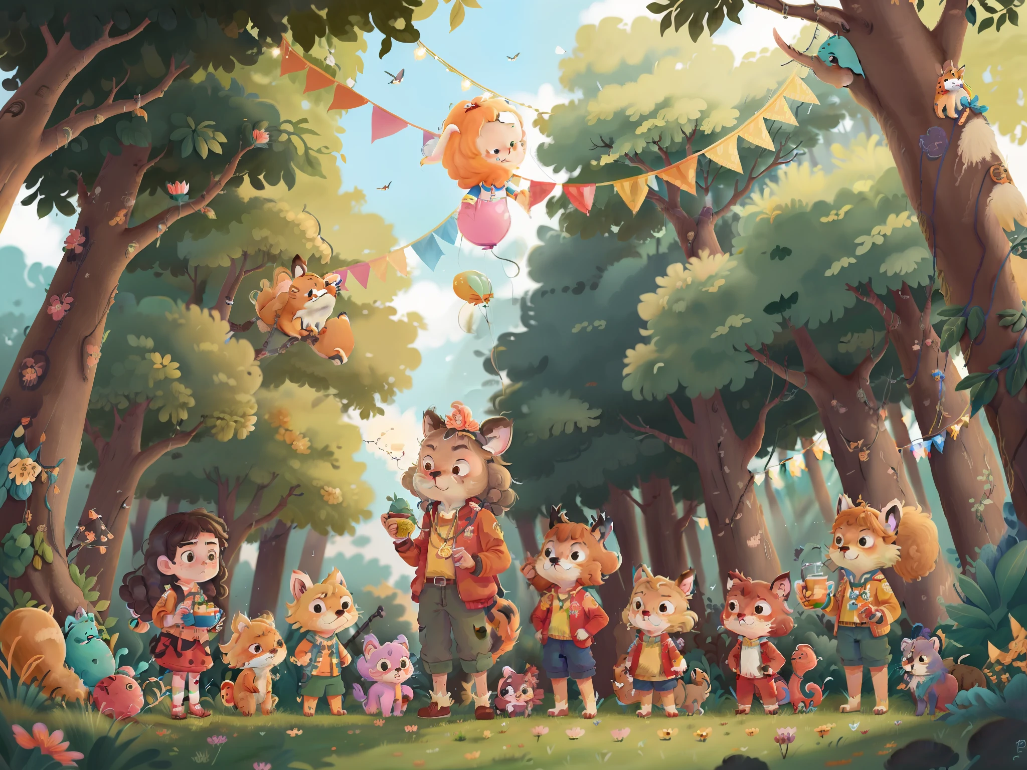 Critters，various animals，sika deer，pussycat，red fox，monkeys，elephants，Ponyta，Standing on the podium，Holding colorful flags，Sky flowers and balloons，Animation style。k hd，Meet in the forest，Chengdu Universiade，Various sports。sport，sport，The animal has a medal on its neck，Take two cups