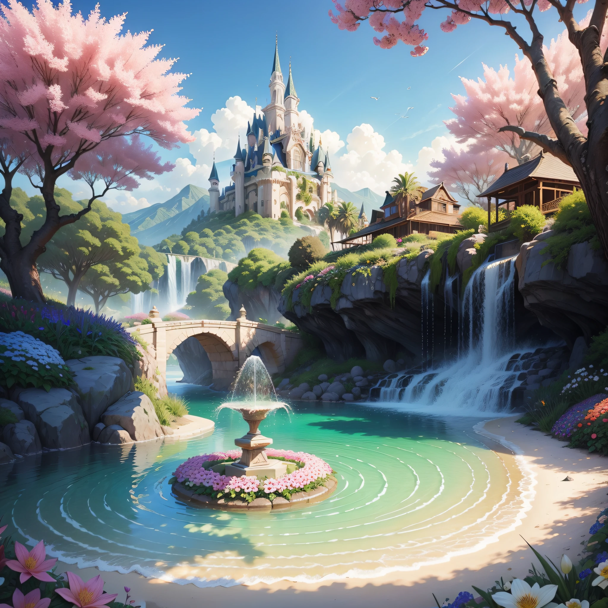 An idyllic oasis of flowers and precious stones, where exotic blooms intertwine with sparkling gems, transforming the landscape into a mesmerizing and magical sight.