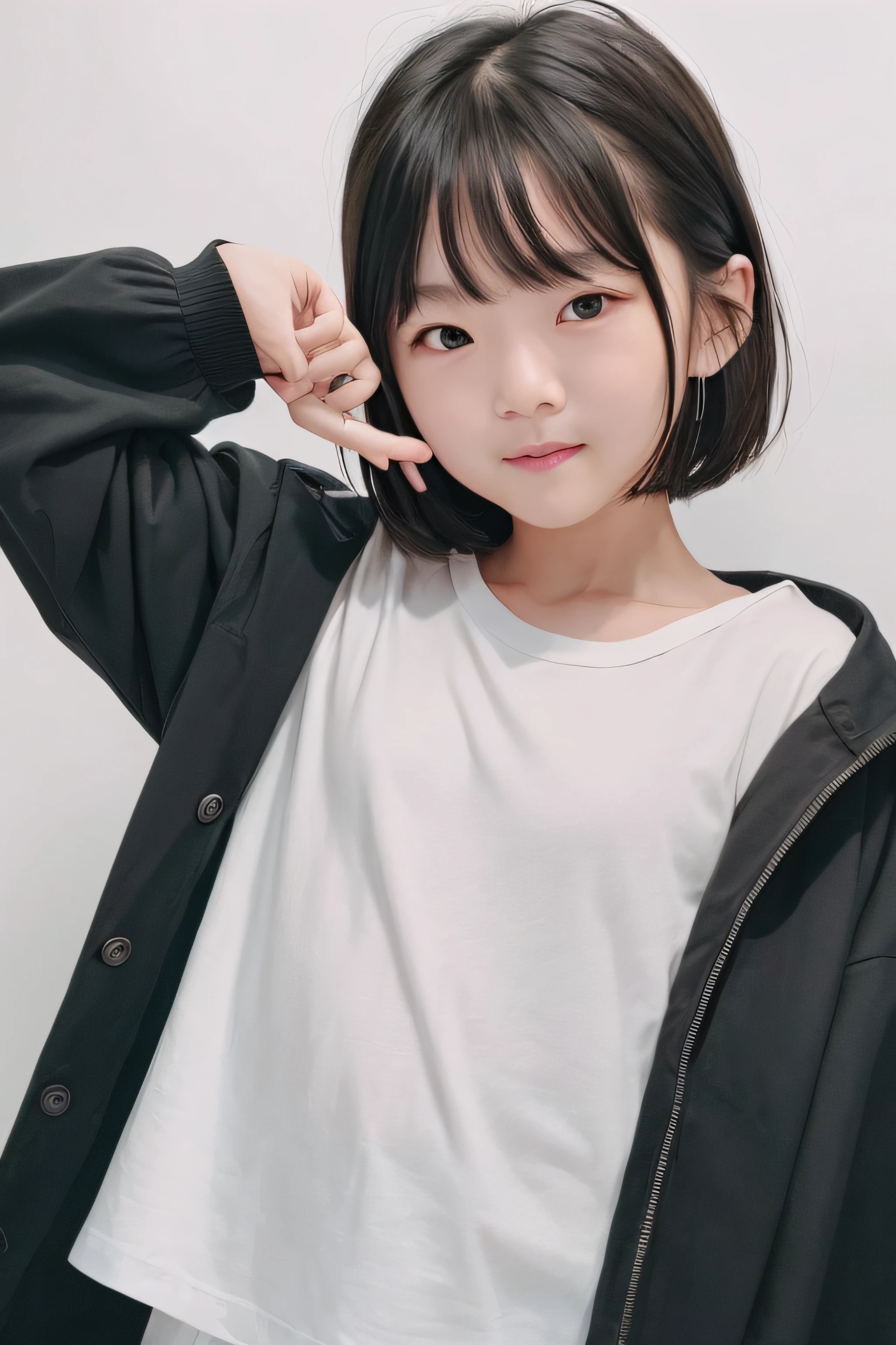 in 8K、top-quality、​masterpiece、realisitic、The ultra-detailliert、a picture、hight resolution、a smile、女の子 1 人、Looking at the front、((toddlers、8years old))、portlate、dressed in a white t-shirt、Korea person、Put your face and upper body in、White background、profetional lighting、((Sharp eyes))、Don't pose、Put your hands down