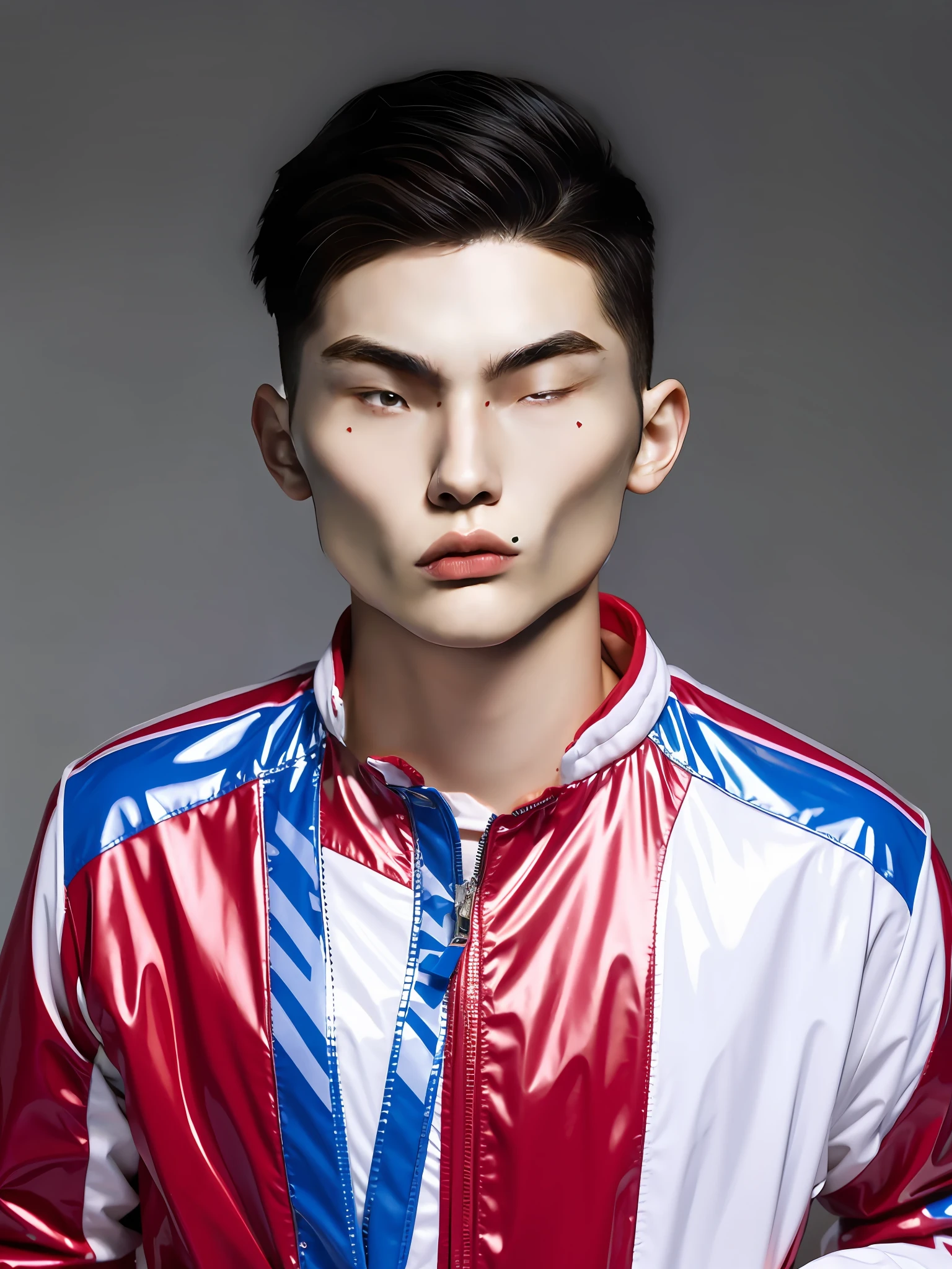 A Chinese male high school student，Wear PVC colored casual clothes