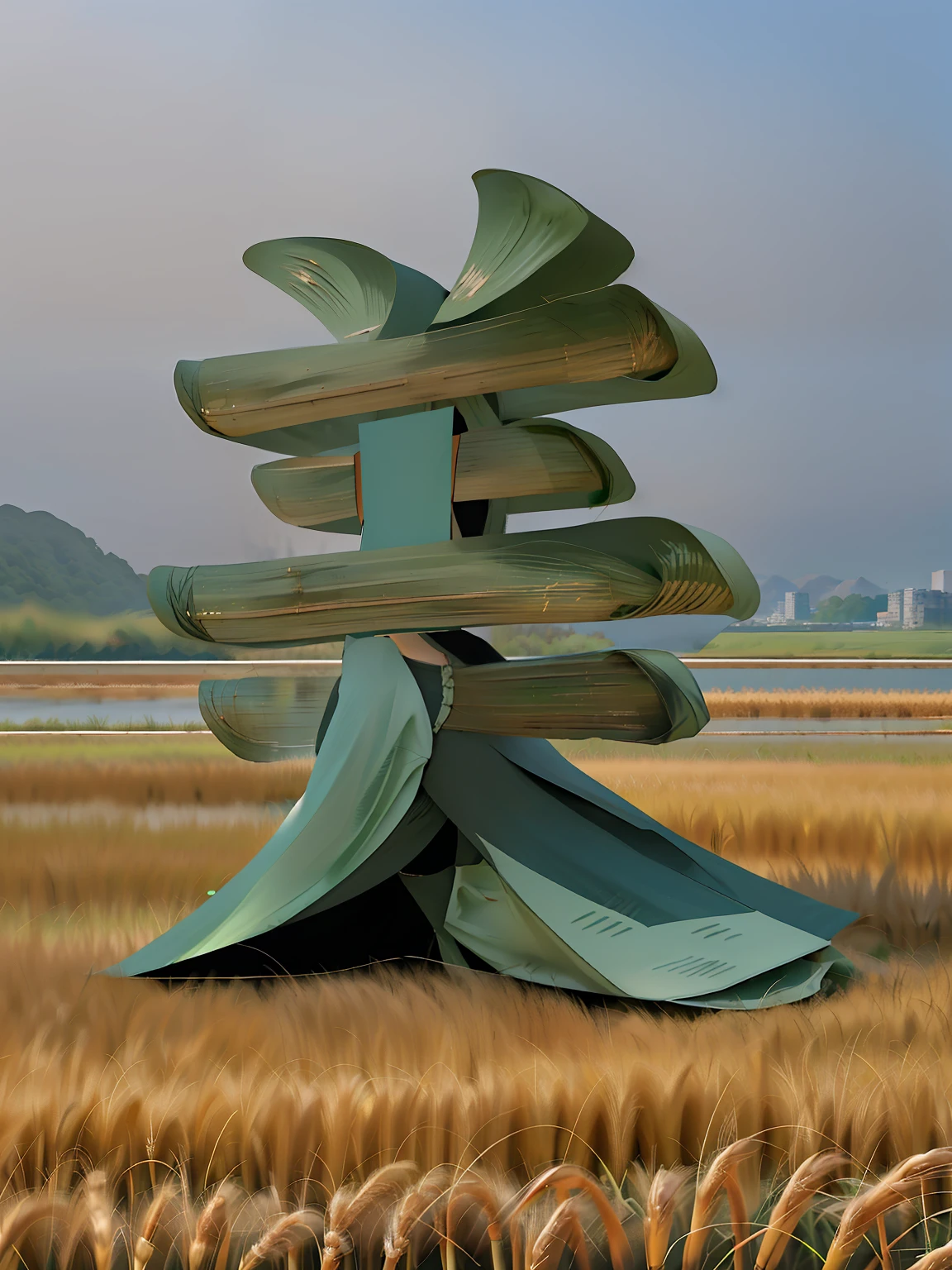 In the distance there is a river beach, rice fields, wheat, reeds, riverside, bamboo forest path on the bank, bamboo forest path standing, highest picture quality