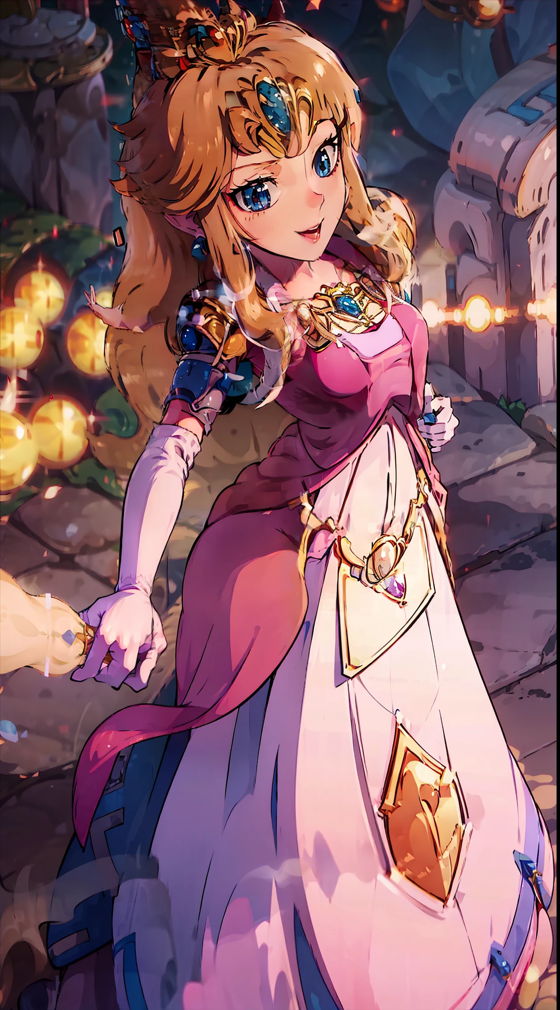 8K high quality, high accuracy, Princess Zelda upward, Princess Peach downward, beautiful shape, beautiful face, beautiful, bright, highlights in eyes, sexy, erotic, beautiful line drawing. Princess Zelda has brown hair, Princess Peach has blonde hair, Princess Peach has pink dress, sparkling orange background,