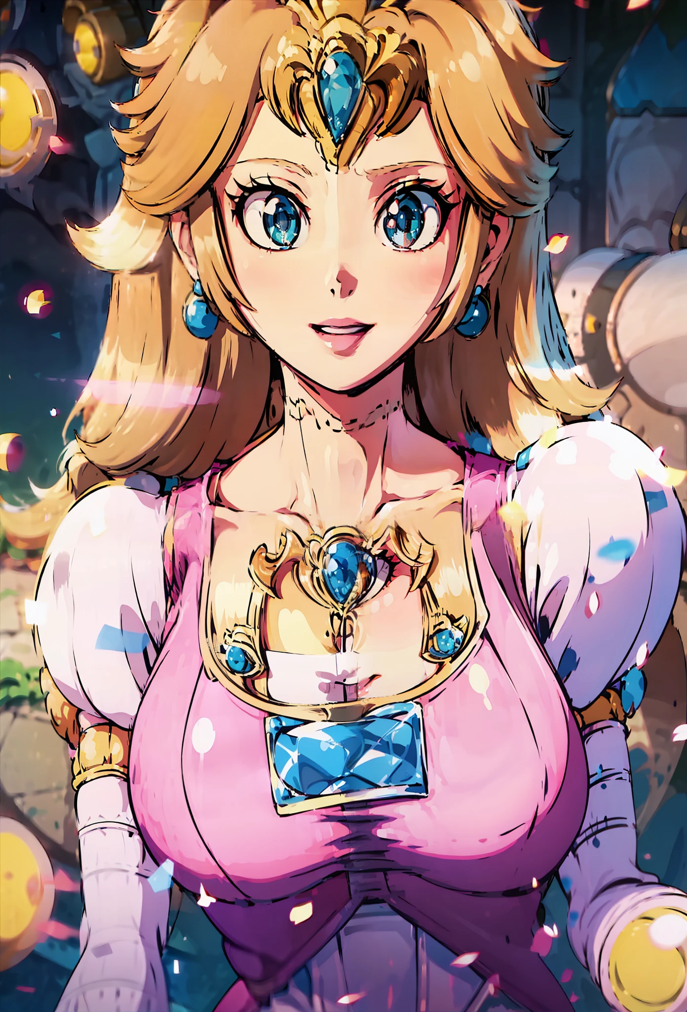 8K high quality, high accuracy, Princess Zelda upward, Princess Peach downward, beautiful shape, beautiful face, beautiful, bright, highlights in eyes, sexy, erotic, beautiful line drawing. Princess Zelda has brown hair, Princess Peach has blonde hair, Princess Peach has pink dress, sparkling orange background,