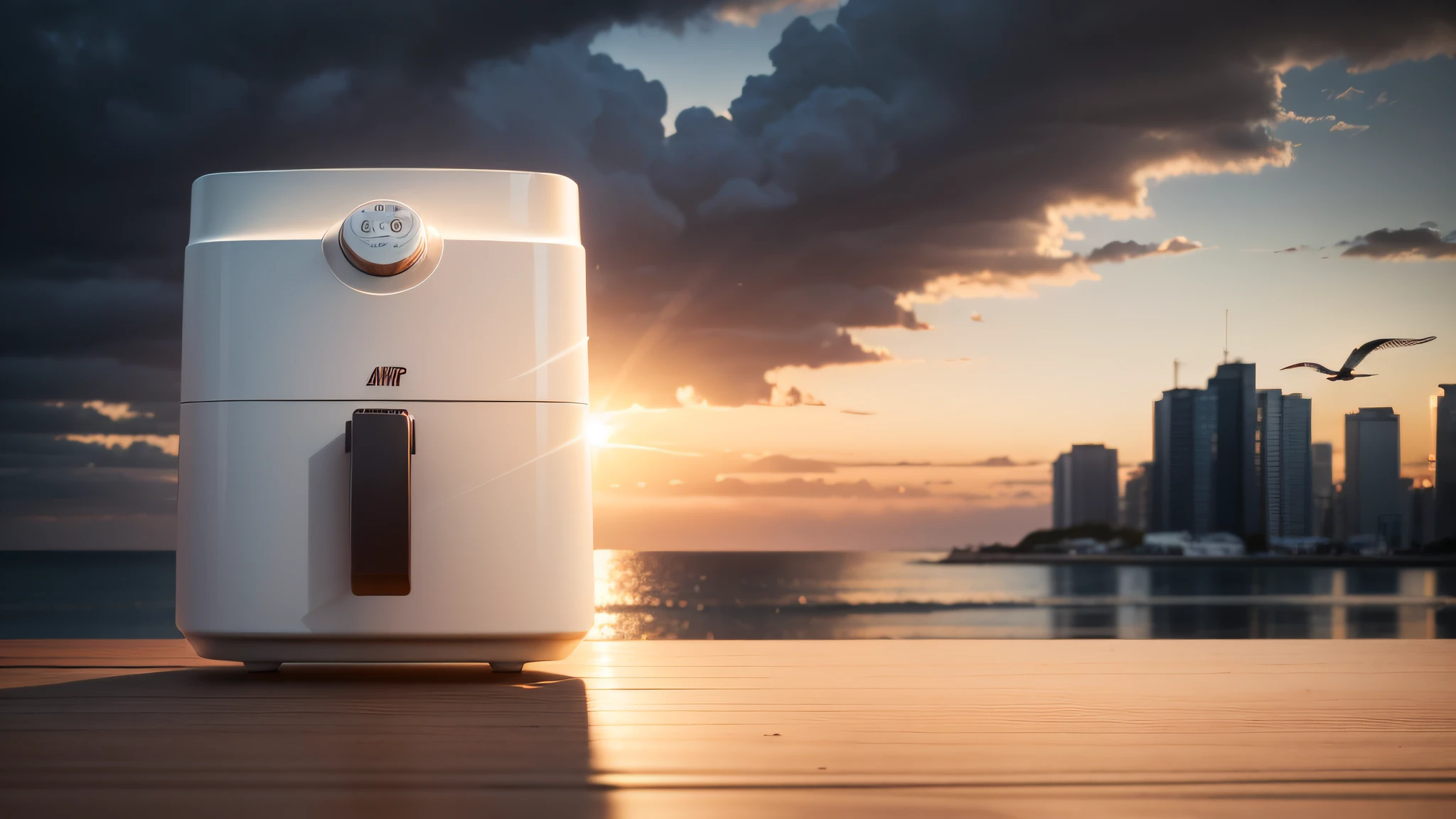 Air fryer placed on the table，the sea，Seagulls in the sky，Dusk，Evening clouds，The golden sun rises in the distance， Sea waves，seagulls，Modern tall house in the distance ， Chiaroscuro, hyper HD, 8K, Best picture quality ,realisticlying，Foto realism，cupboard，Lens perspective blur，Bright lights，Realistic lighting