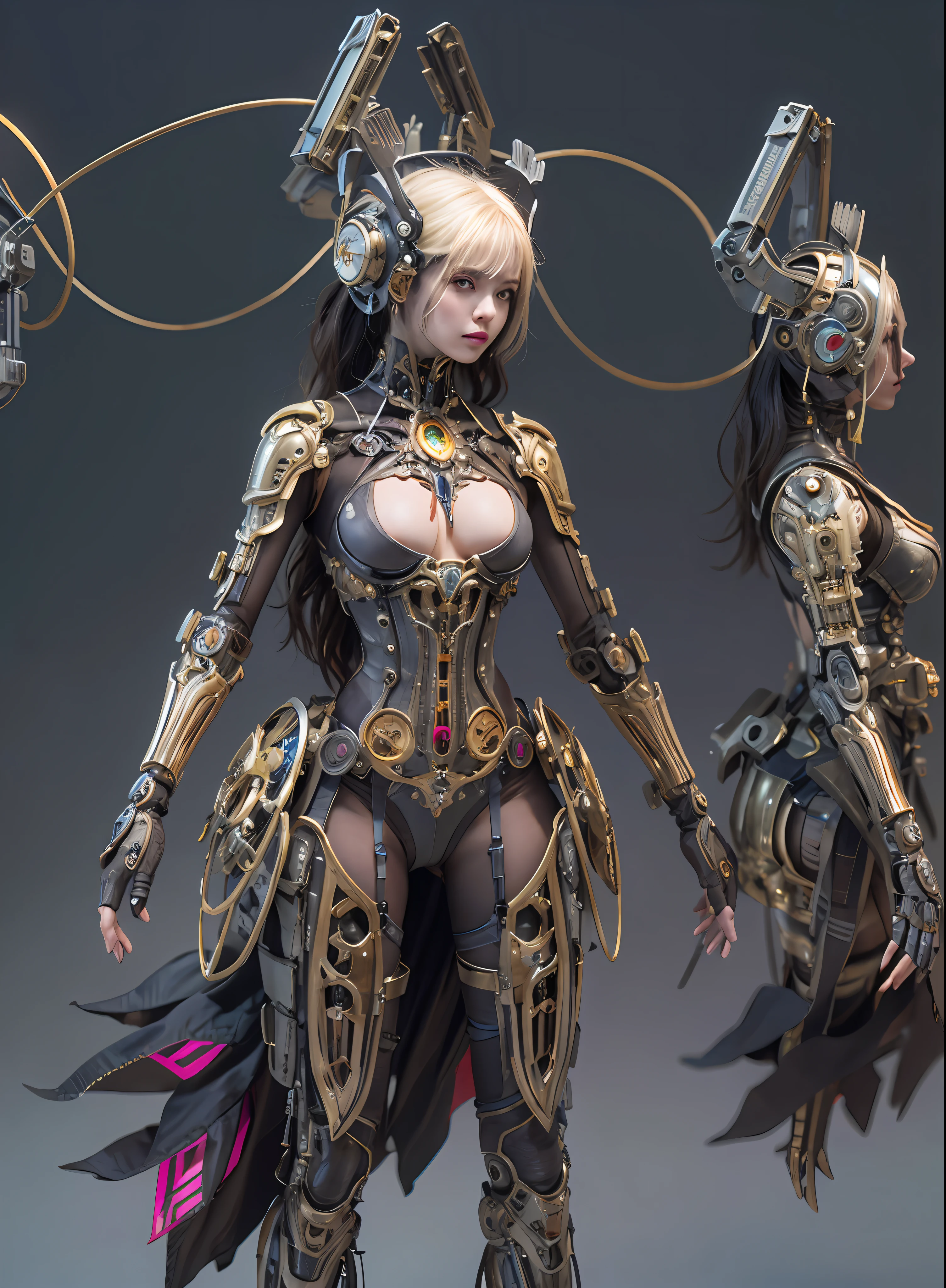 top-quality、masterpiece、超A high resolution、(Photorealsitic:1.4)、Raw photo、1人、a blond、glowy skin、1. Steampunk Angel Cyborg、large metal wings、((super realistic details))、portlate、globalillumination、Shadow、octan render、8K、ultrasharp、Colossal tits、Raw skin is exposed in cleavage、metals、Details of complex ornaments、Steampunk details、Hydraulic cylinder、highly intricate detail、Realistic light、CGSoation Trends、a purple eye、radiant eyes、Facing the camera、neon details、Mechanical limbs、blood vessels connected to tubes、Mechanical vertebrae attached to the back、mechanical cervical attaching to neck、cowboy shot、Wires and cables connecting to the head、Sumerian details、Small LED lamp、