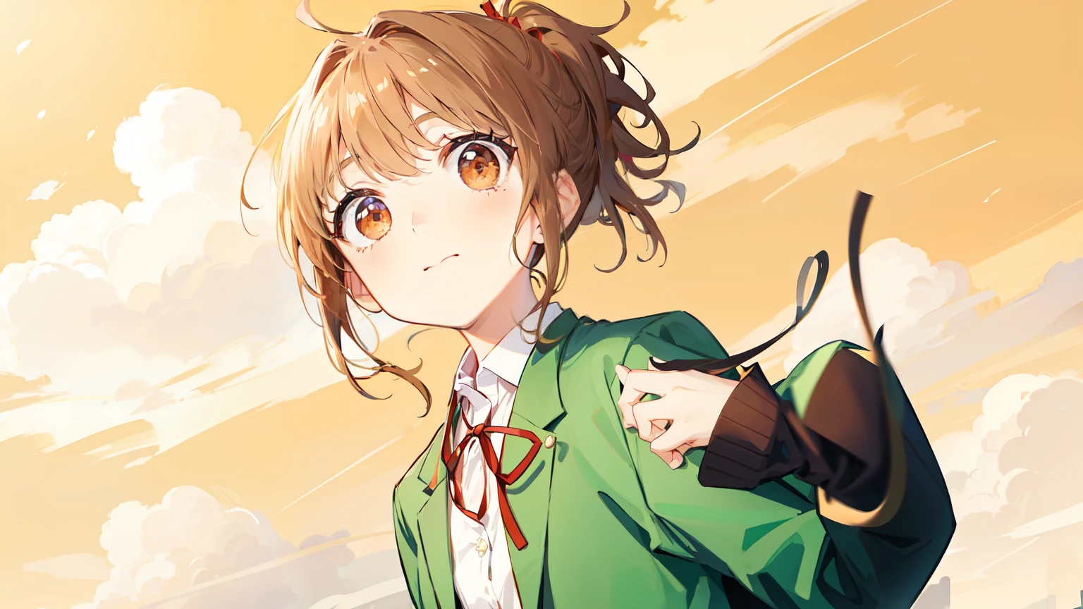 shoulder-length brown hair tied in a small ponytail at the back,、Brown eyes、Green blazer、Shirt、Red ribbons、a small face、Left hand asking for a handshake。