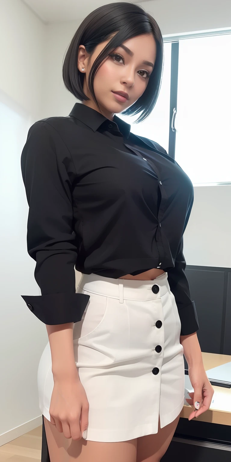 (RAW Photo: 1.2), (Photorealistic: 1.6), (Masterpiece: 1.3), (Best Quality: 1.4), High Resolution, HDR, 8K Resolution, Commentary, (Complex Detail: 1.6), (Volume Light)
1 girl, full body office worker, standing pose, classroom, (see-through white school shirt with buttons: 1.6), (shirt without buttons: 1.6), (chest visible: 1.6), (plaid skirt: 1.6), (navel: 1.6), (high heels: 1.2), (E cup: 1.6)
(Beauty Face: 1.9), (Detailed Face: 1.6), (Detailed Eyes: 1.5), (Eyelashes: 1.4), (Smile: 1.6), (Detailed Black Bob Hair: 1.3), (Big Breasts: 1.2)