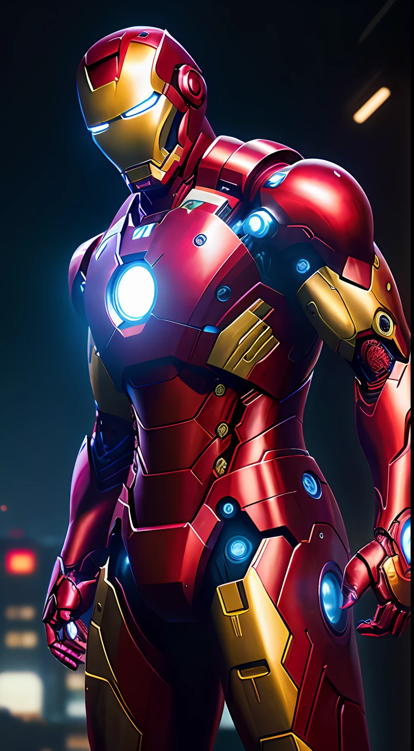 Iron Man из Marvel Comics, Perfect_Hand, (8K, RAW photo, Best Quality, Masterpiece:1.2), (Realistic, photo-realistic:1.4), (Extremely detailed CG unity 8k wallpapers),full - body, (neon lights), McHop, mechanical arms, Hanfu, Chinese Clothing, Dress, pretty face,(Dark shot:1.1), Epic Realistic,