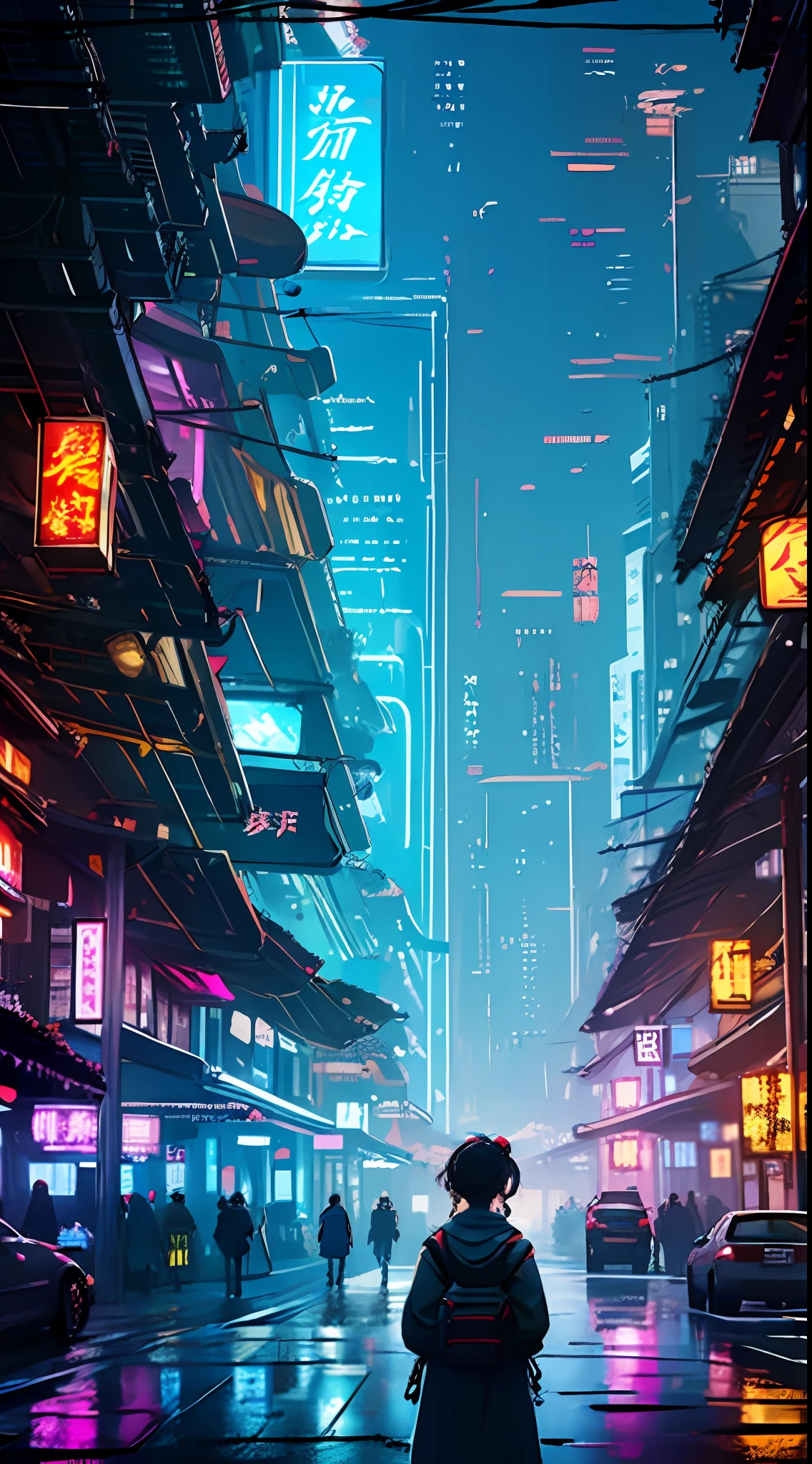 top-quality、masterpiece、A ray of hope in a dystopia、A young girl wanders into a dark Chinese skyscraper、One little girl's back in the back center of the screen、Very complex cityscape、A devastated world、Pulling composition、industrial、High-definition depiction、A city lined with electric wires、Magic Hour、Make a story with 4 sheets、More Neon Signs、Maximum amount of light