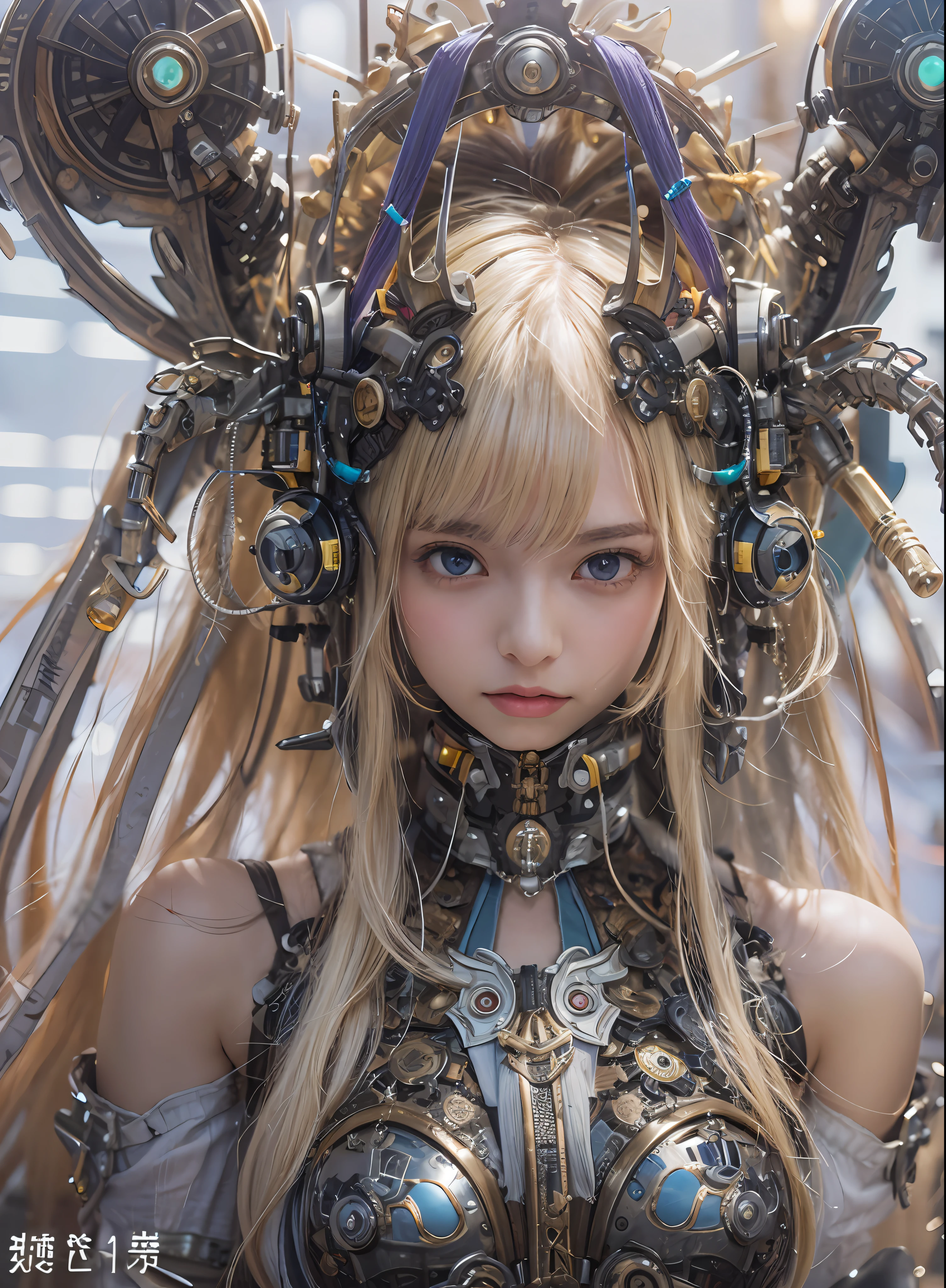 top-quality、masterpiece、超A high resolution、(Photorealsitic:1.4)、Raw photo、女の子1人、a blond、glowy skin、1. Steampunk Angel Cyborg、large metal wings、((super realistic details))、portlate、globalillumination、Shadow、octan render、8K、ultrasharp、Colossal tits、Raw skin is exposed in cleavage、metals、Details of complex ornaments、Steampunk details、Hydraulic cylinder、highly intricate detail、Realistic light、CGSoation Trends、a purple eye、radiant eyes、Facing the camera、neon details、Mechanical limbs、blood vessels connected to tubes、Mechanical vertebrae attached to the back、mechanical cervical attaching to neck、cowboy shot、Wires and cables connecting to the head、Sumerian details、Small LED lamp、