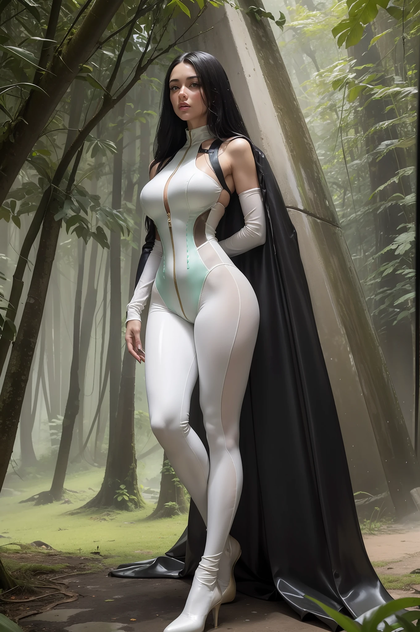 Best quality at best,Slim body,White skin of the,paleskin,((Long curly black hair)),Wet with,Big green eyes,juicy lips,white skinned,paleskin,long leges,Abs,She was wet,(whole posture visible),Futuristic jumpsuit semi-sheer pants,silkouette,futuristic cyberpunk tactical vest,cyberpunk thigh holster, silkouette,Camel tray,metal futuristic alien bra,metal futuristic alien jacket,metal clothes,stand posture,((whole posture visible))。She was in the jungle,darkly。big trees,lianas,Large dark green leaves,wet tree trunks,and it is raining,((puffyareolas)), (standing), Dynamic pose, Spread legs, (camel-toe, Carmelto, vulvashaped:1.275)(Fat camel toes) ,Shoot from behind