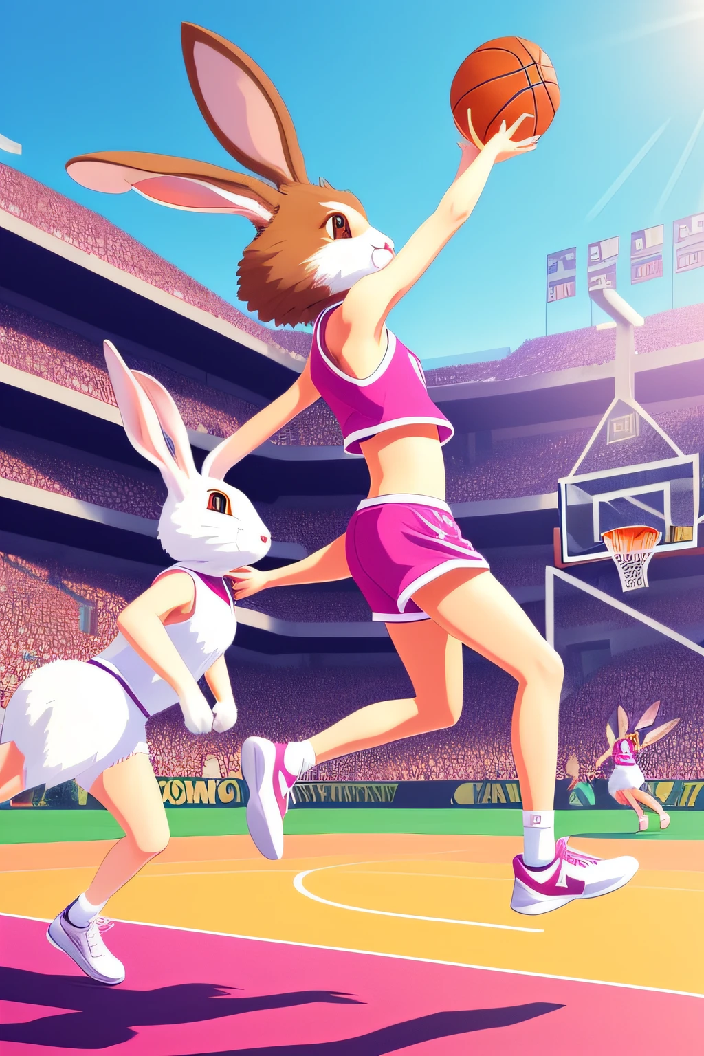 A group of rabbits playing basketball, Digital art. Several fluffy sports rabbits on the basketball court,Carry the number on your back, Beaded eyes focused eyes. A brown rabbit dribbles with its front paws, Pink nose twitching, Fluffy ears sway with movement. Offline, A tall white rabbit jumped up,The hind legs are powerful,Crash the ball into the basket. Rabbit jumps,Stretch out your paws,Try to stop shooting, The blurred body makes it impossible for the opponent to bounce back. Hurry up and take a break,The cotton tail and hairy hindquarters are blurred. Convey vivid emotions through the rabbit's body language and facial expressions. Realistic fur details,Long ears,Sweaty shine. Bright courtyard and blurred crowds in the background, Optimistic cartoon style