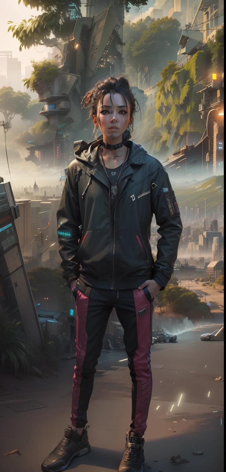 "Change background to a realistic cyberpunk cityscape with 8k resolution and authentic street view."