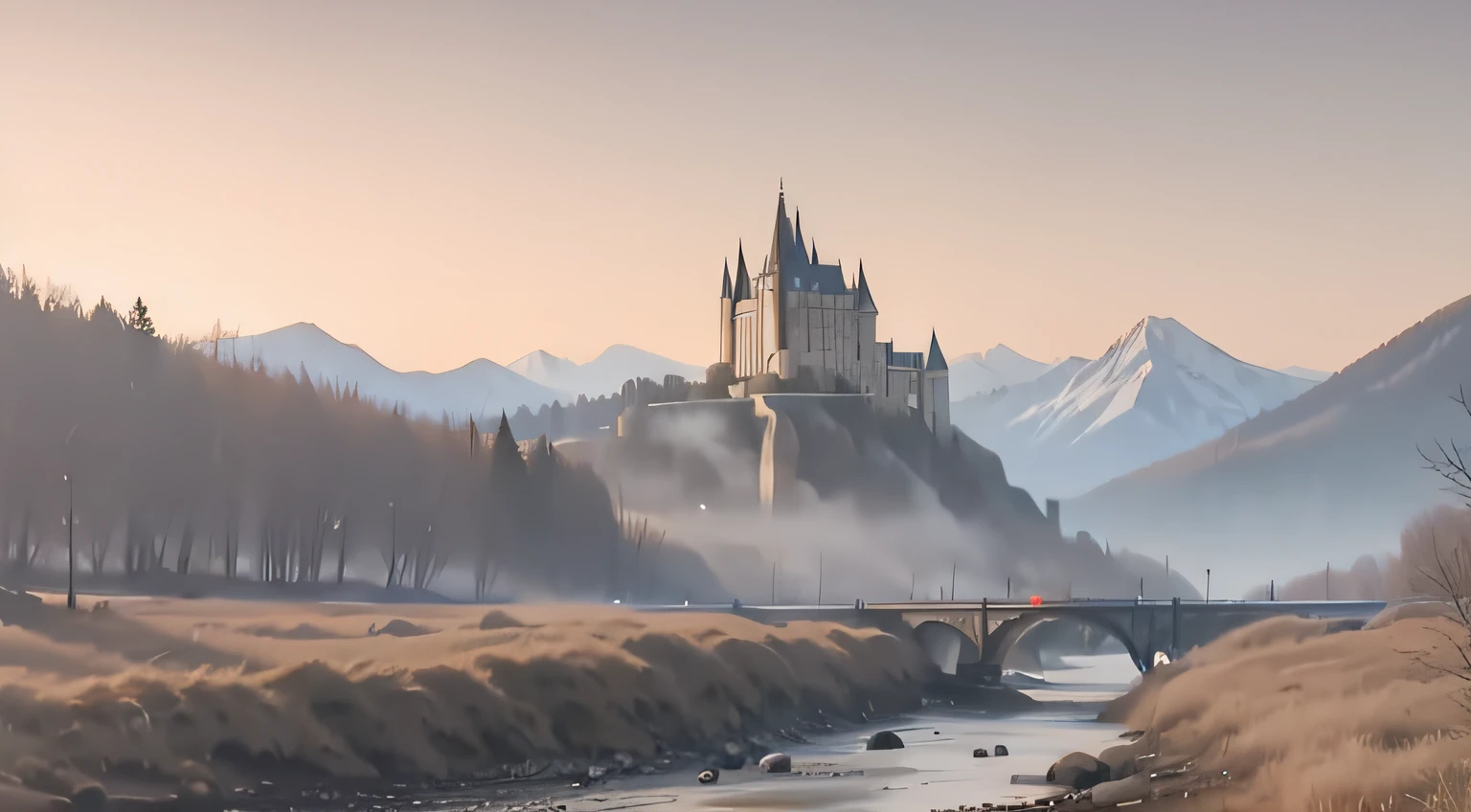 Realism, castles, mountains, rivers, trees, forests