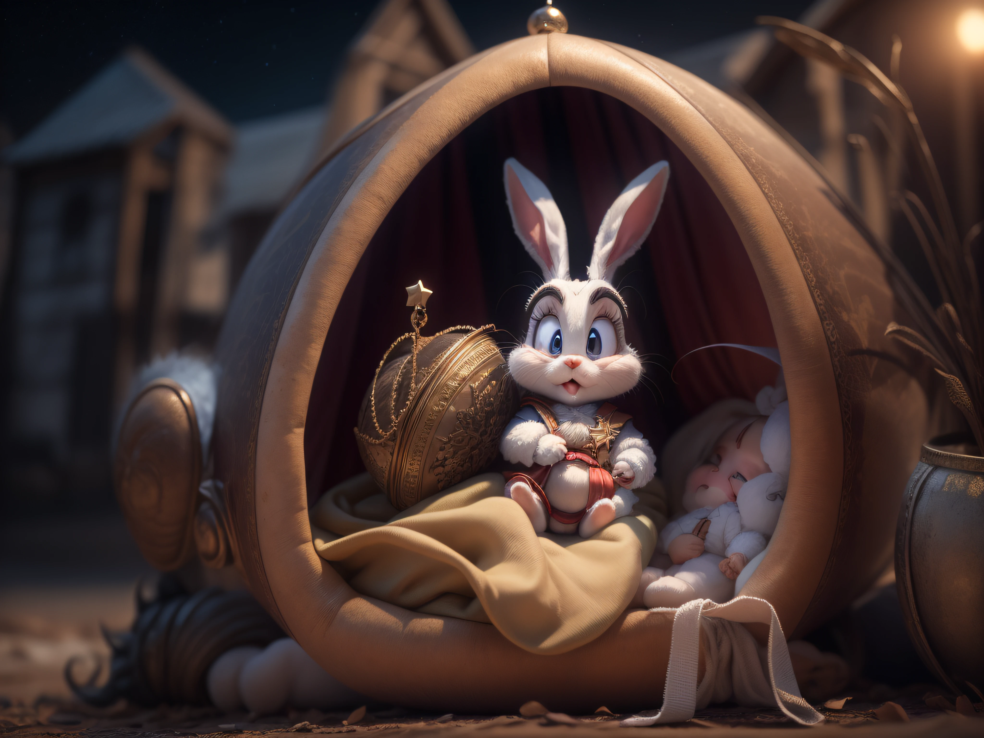 Close a powerful threat, The graceful appearance of Bugs Bunny in the form of a baby dressed in beige uniform in a manger, menacing stare, ricamente detalhado, Hiper realista, 3D-rendering, obra-prima, NVIDIA, RTX, ray-traced, Bokeh, Night sky with a huge and beautiful full moon, estrelas brilhando, 8k,