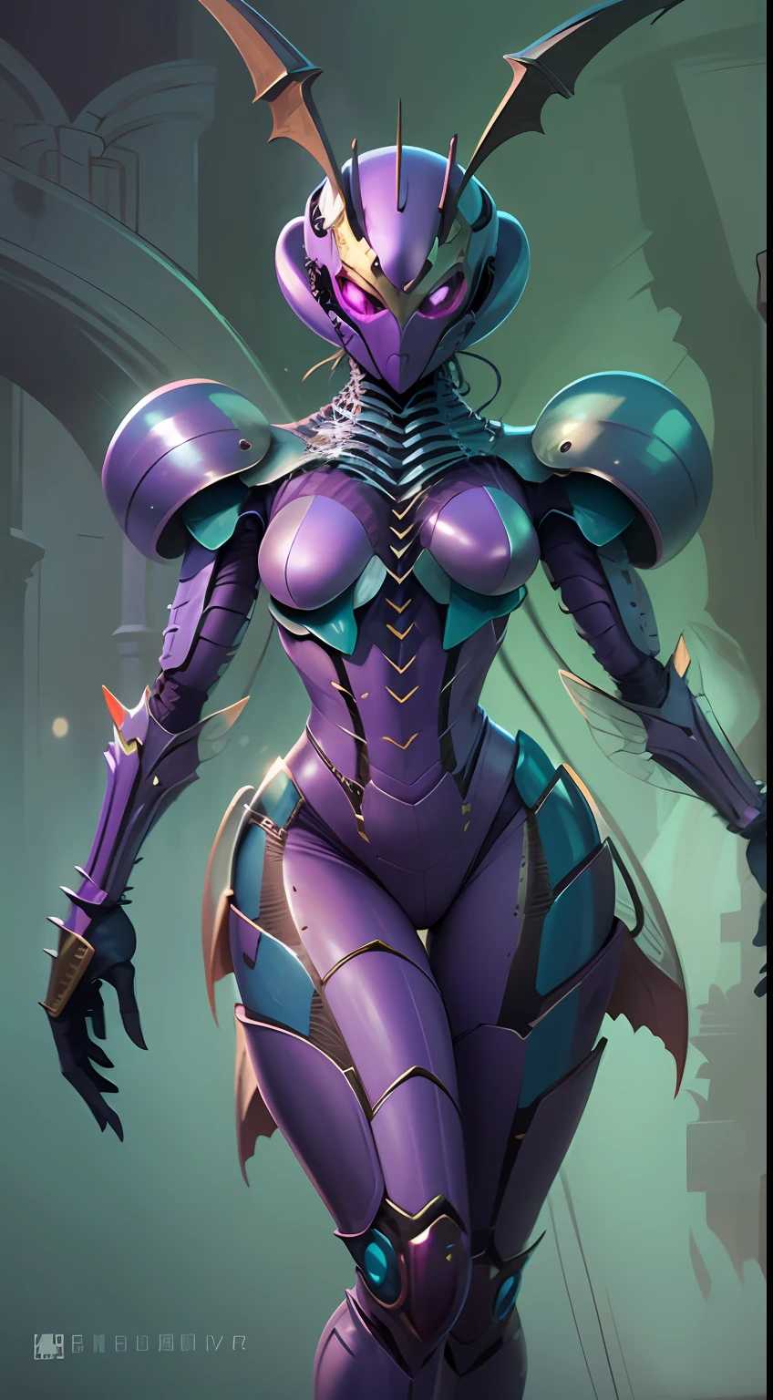 Cartoon photo of a woman in a beautiful purple costume、Hot insect humanoid female、a person々takeout、Guyver Style、SFW version、Scarabeleploid、tail、Full Face Mask Cell Shade Adult Animation、Alien Queen、