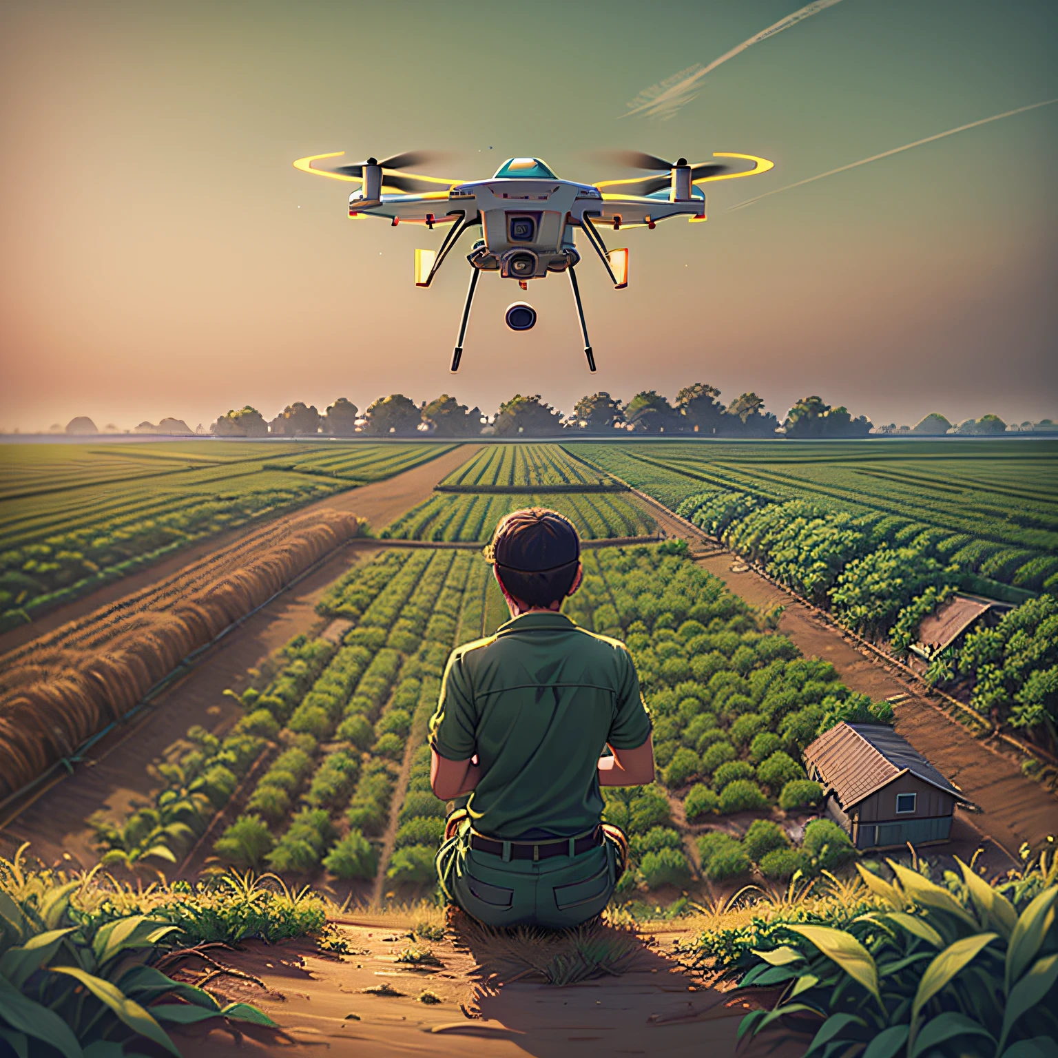 Imagine a scene of a modern farm in full activity, illuminated by the setting sun. In the center of the image, a rugged, experienced farmer, dressed in work clothes, looks up, watching a high-tech drone hovering in the sky. The drone, shining in the sunlight, is equipped with cameras and sensors, representing the fusion of agriculture and technology. The surrounding farm is green and fertile, with rows of plantations stretching to the horizon. Use a high-resolution DSLR camera, such as the Canon EOS 5D Mark IV, with a 50mm lens to capture this scene in vivid detail. The lighting should be natural, with the setting sun providing a golden glow to the scene. The colors should be rich and saturated, with vibrant greens of the plantations and the sky clear blue. The composition should be balanced, with the farmer and the drone in the center, and the vast farm stretching around them. --Air 16:9 --V 5.1 --Style Raw --Q 2 --s 750