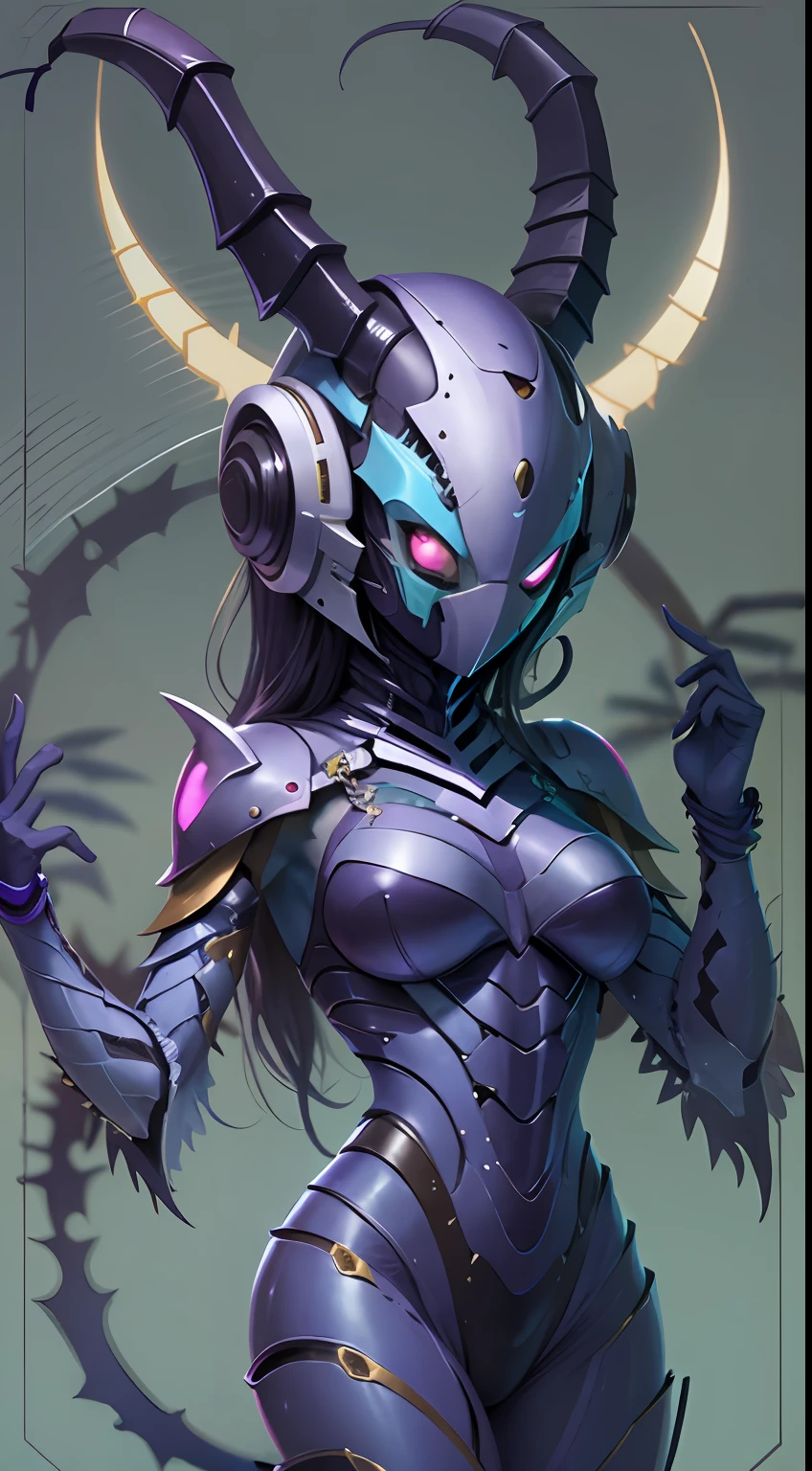 Cartoon photo of a woman in a beautiful purple costume、Hot insect humanoid female、a person々takeout、Guyver Style、SFW version、Scarabeleploid、tail、Full Face Mask Cell Shade Adult Animation、Alien Queen、