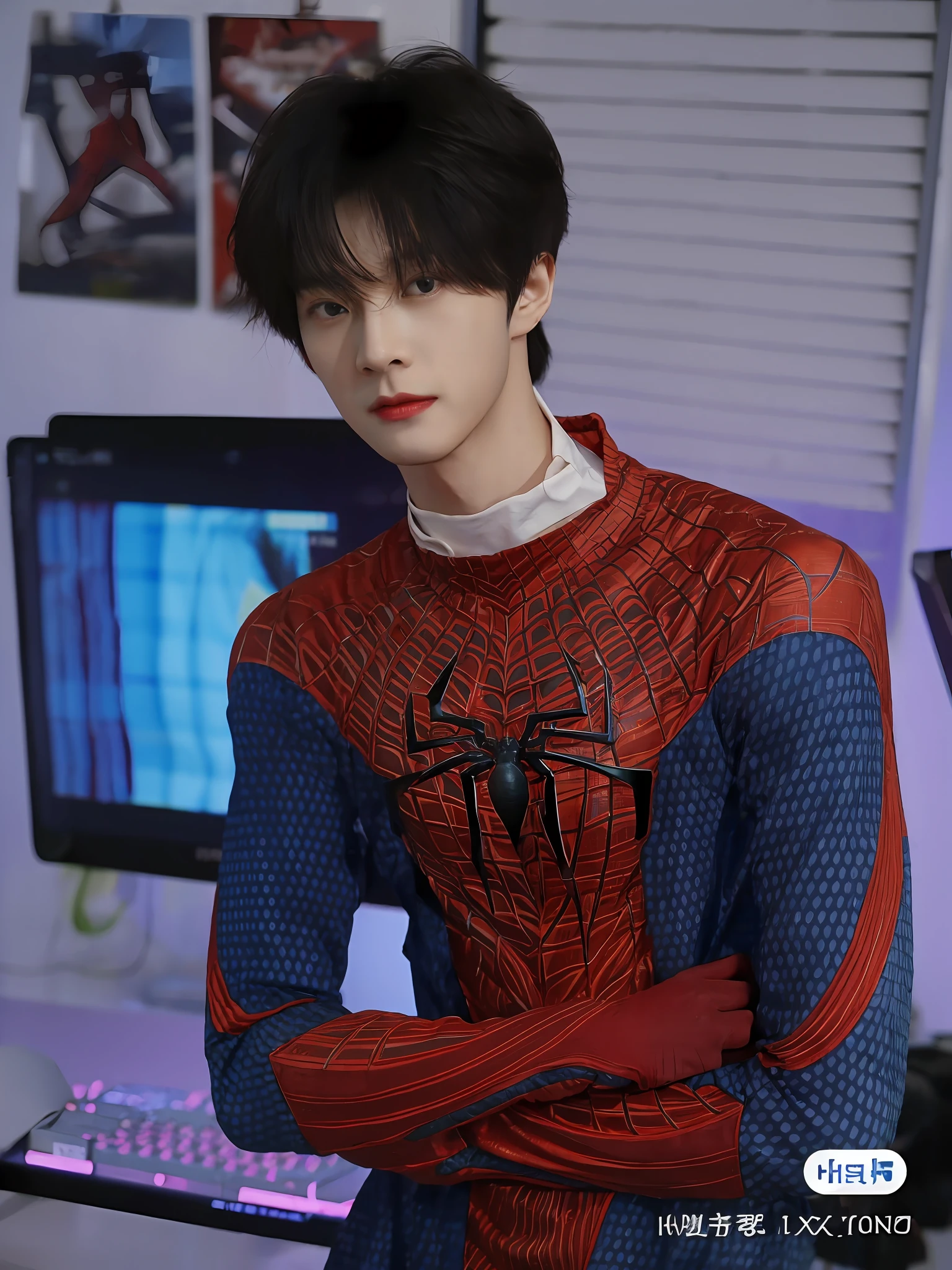 Spider - Man in blue and red suit standing in front of computer, Cai Xukun, futuristic style spiderman, Inspired by Zhang Han, portrait of spiderman, peter parker as spiderman, Male ulzzang, realistic cosplay, Inspired by Bian Shoumin, professional cosplay, peter parker, highly detailed spider - man, Spidey, Anime cosplay, yanjun cheng