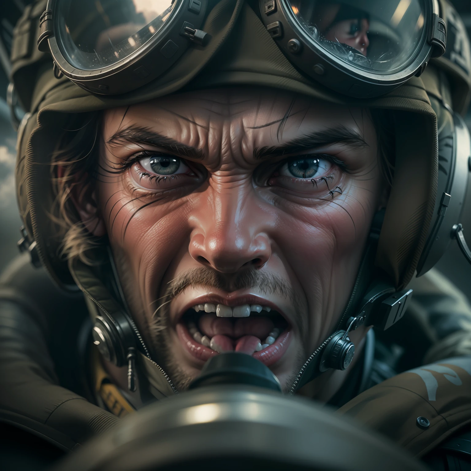 close up, face of a German World War II pilot inside a fighter, angry expression, gritting his teeth, realistic, extremely detailed, 4k, HDR