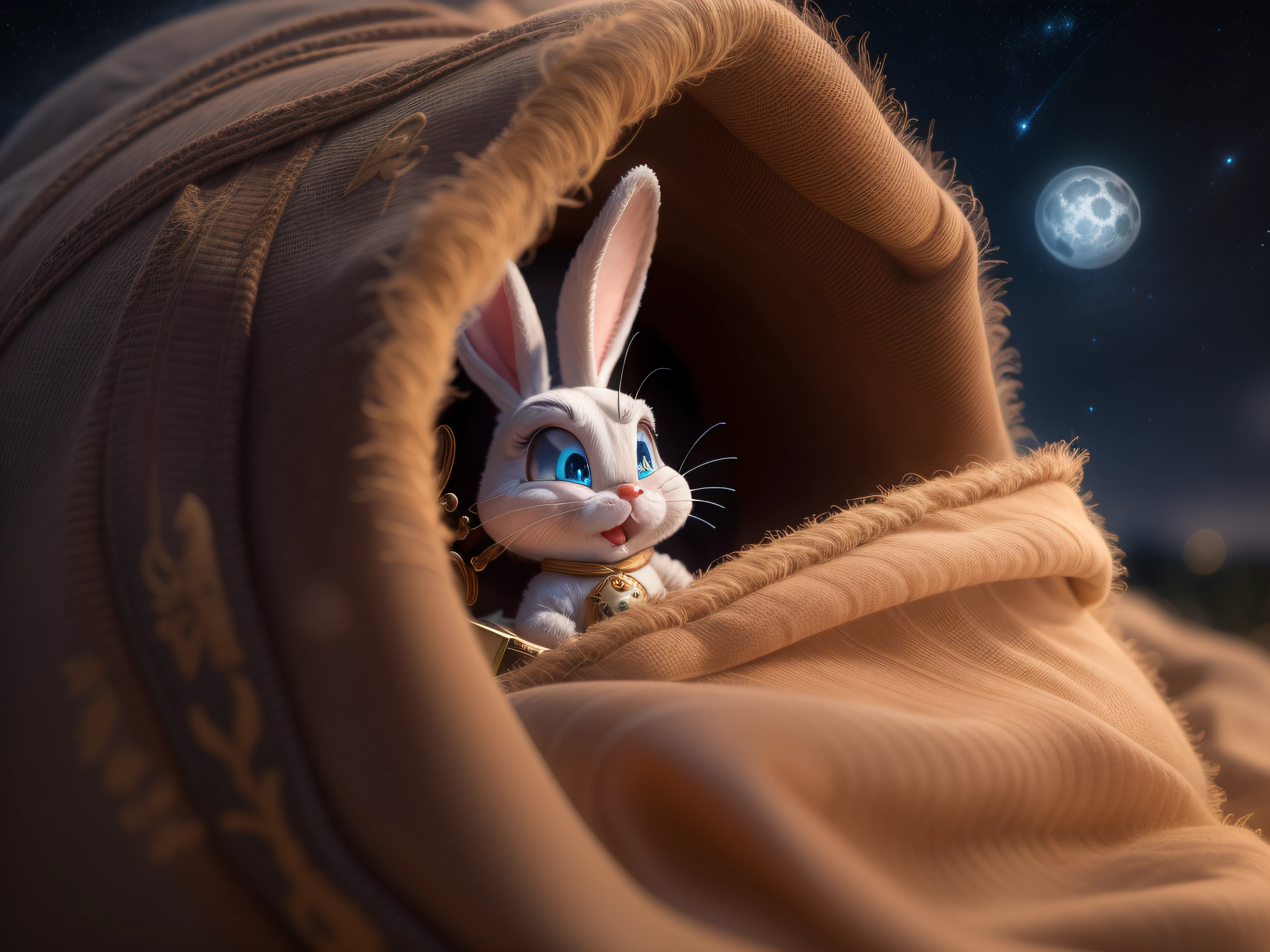 Close a powerful threat, The graceful appearance of Bugs Bunny in the form of a baby dressed in beige uniform in a manger, menacing stare, ricamente detalhado, Hiper realista, 3D-rendering, obra-prima, NVIDIA, RTX, ray-traced, Bokeh, Night sky with a huge and beautiful full moon, estrelas brilhando, 8k,