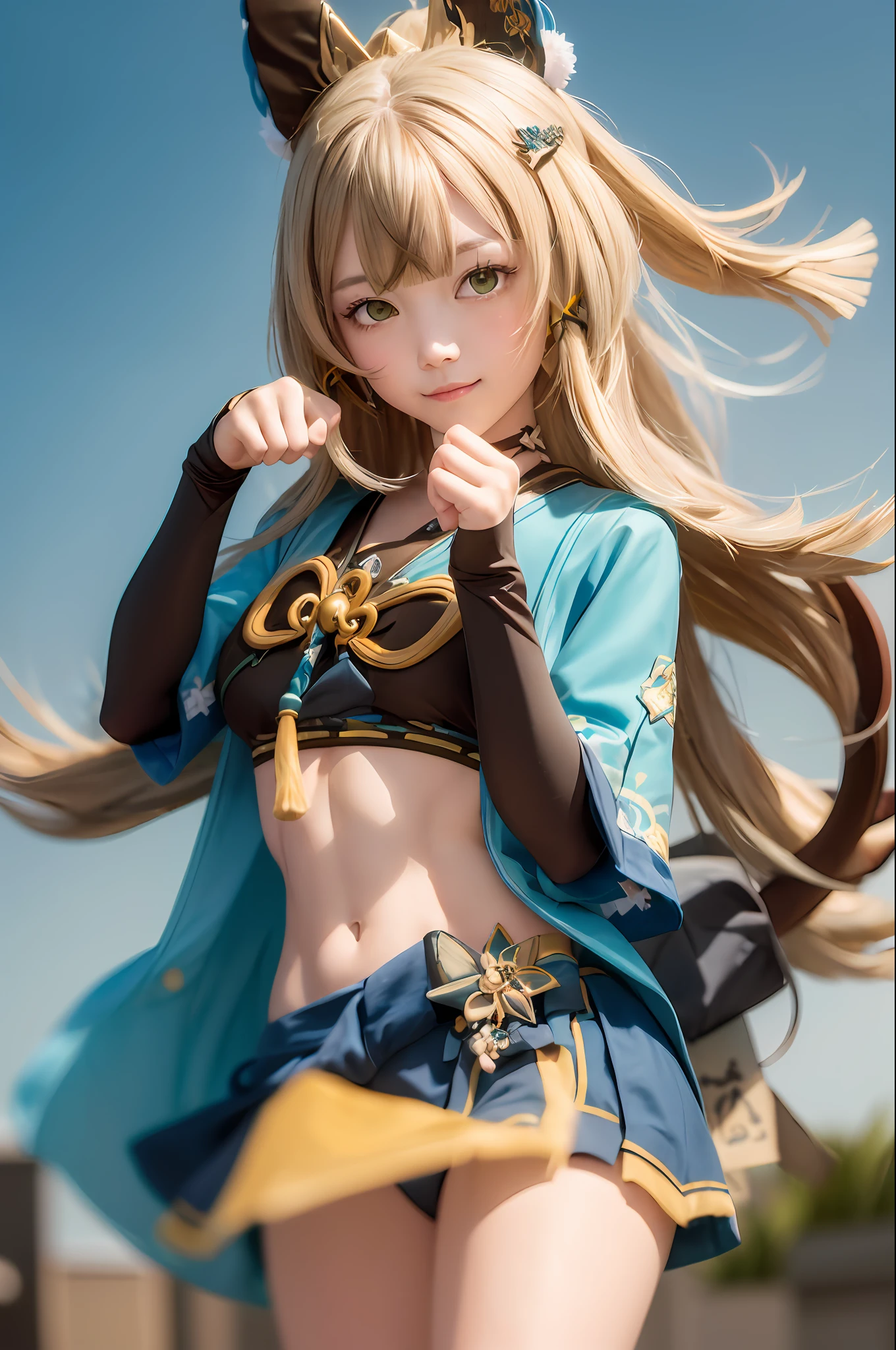 (masterpiece, best quality:1.2), cowboy shot, solo, 1girl, kirara, smile, looking at viewer, (paw pose:1.1), ahoge, hair ornament, animal ears, detached sleeves, miniskirt, (gloves:1.1), tassel, midriff