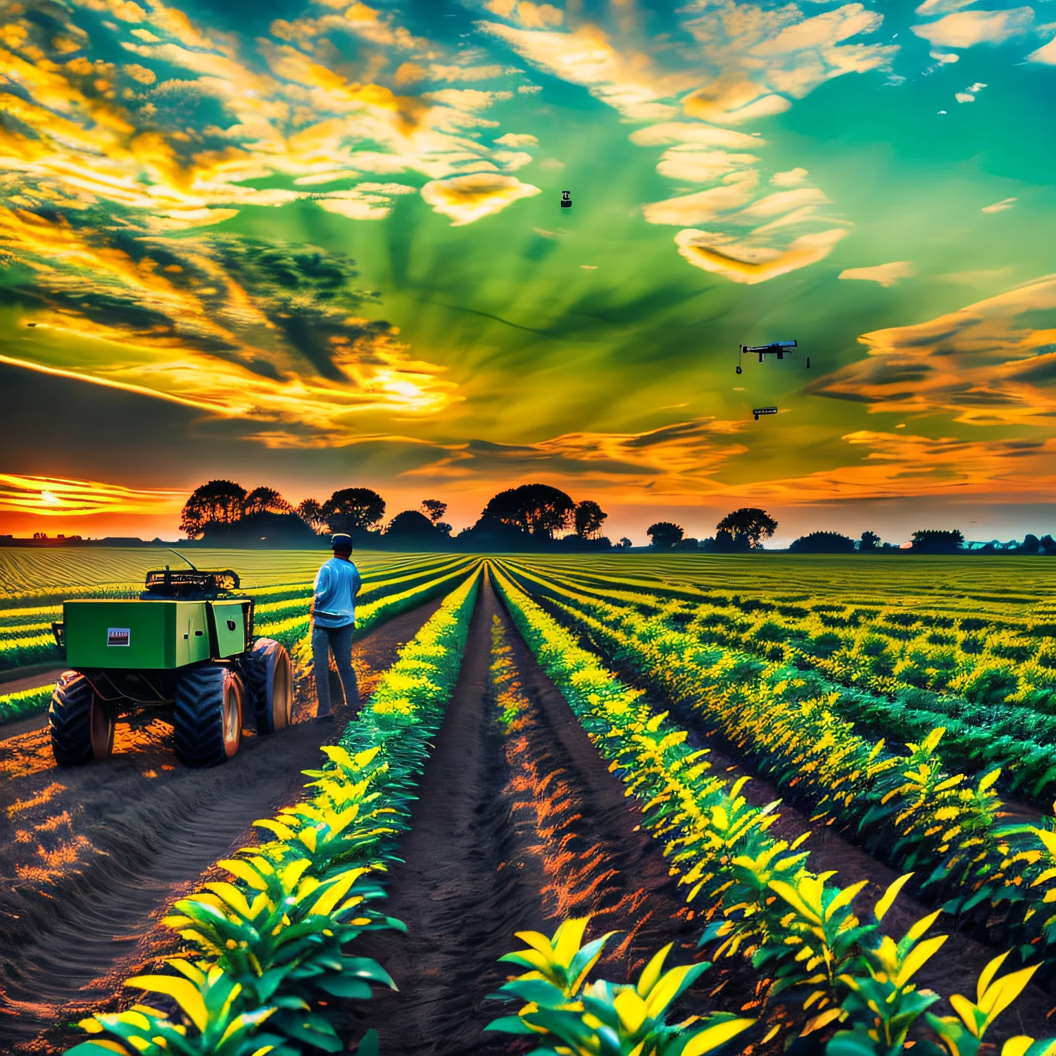 Imagine a scene of a modern farm in full activity, illuminated by the setting sun. In the center of the image, a rugged, experienced farmer, dressed in work clothes, looks up, watching a high-tech drone hovering in the sky. The drone, shining in the sunlight, is equipped with cameras and sensors, representing the fusion of agriculture and technology. The surrounding farm is green and fertile, with rows of plantations stretching to the horizon. Use a high-resolution DSLR camera, such as the Canon EOS 5D Mark IV, with a 50mm lens to capture this scene in vivid detail. The lighting should be natural, with the setting sun providing a golden glow to the scene. The colors should be rich and saturated, with vibrant greens of the plantations and the sky clear blue. The composition should be balanced, with the farmer and the drone in the center, and the vast farm stretching around them. --Air 16:9 --V 5.1 --Style Raw --Q 2 --s 750