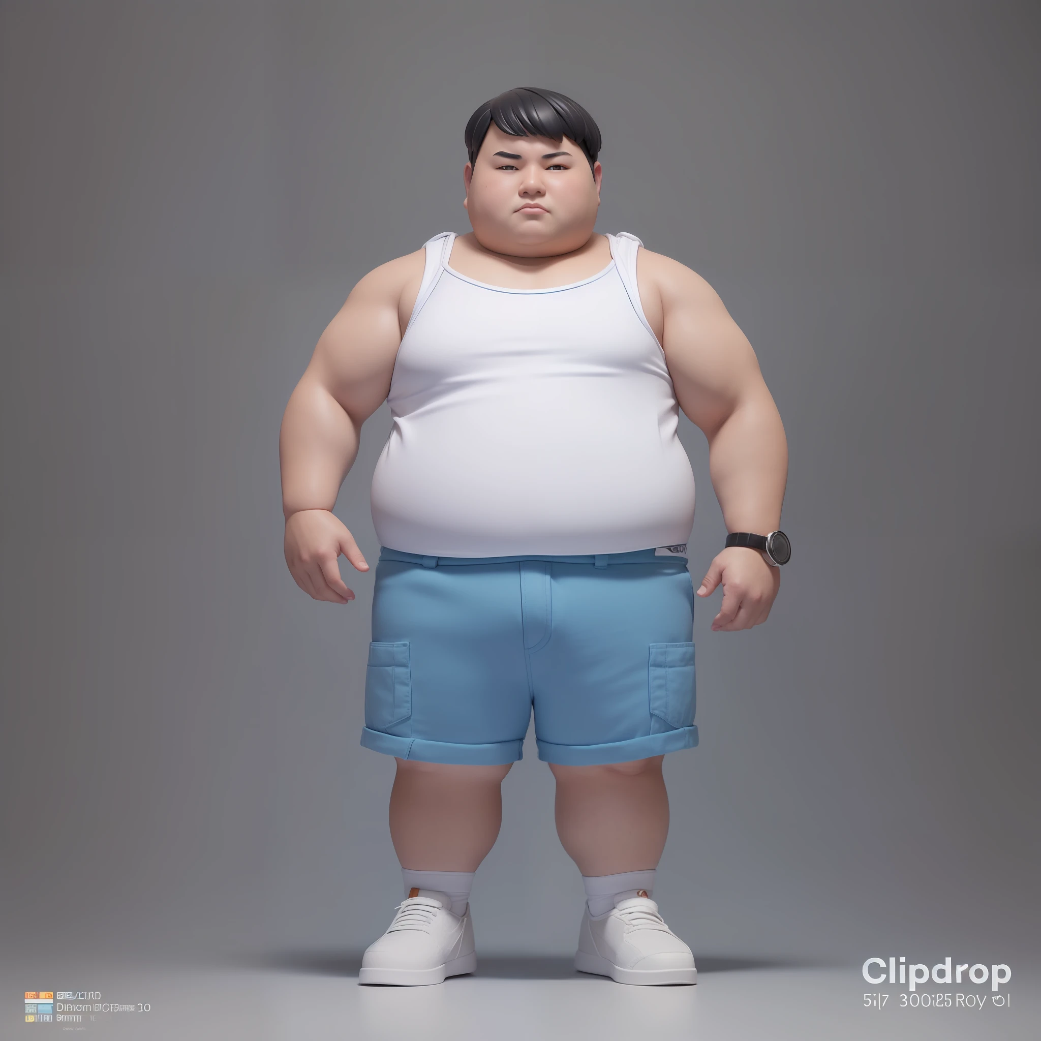 photographic portrait full body 3d render of young chubby chinese man, white tank top, denium blue shorts, small glasses, dark short hair, chubby face, as a full body funko pop!, sigma 85mm f/1.4, 15mm, 35mm, 4k, high resolution, 4k, 8k, hd, full color